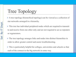 SetByITDept.
Tree Topology
 A tree topology (hierarchical topology) can be viewed as a collection of
star networks arranged in a hierarchy.
 This tree has individual peripheral nodes which are required to transmit
to and receive from one other only and are not required to act as repeaters
or regenerators.
 The tree topology arranges links and nodes into distinct hierarchies in
order to allow greater control and easier troubleshooting.
 This is particularly helpful for colleges, universities and schools so that
each of the connect to the big network in some way.
 