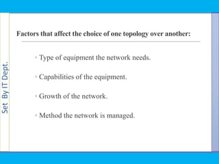 SetByITDept.
Factors that affect the choice of one topology over another:
◦ Type of equipment the network needs.
◦ Capabilities of the equipment.
◦ Growth of the network.
◦ Method the network is managed.
 