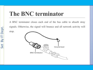 SetByITDept.
The BNC terminator
A BNC terminator closes each end of the bus cable to absorb stray
signals. Otherwise, the signal will bounce and all network activity will
stop.
 