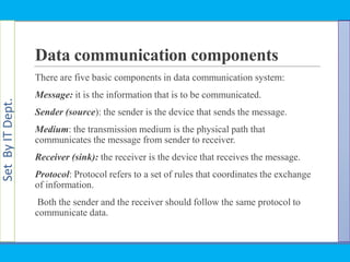 SetByITDept.
Data communication components
There are five basic components in data communication system:
Message: it is the information that is to be communicated.
Sender (source): the sender is the device that sends the message.
Medium: the transmission medium is the physical path that
communicates the message from sender to receiver.
Receiver (sink): the receiver is the device that receives the message.
Protocol: Protocol refers to a set of rules that coordinates the exchange
of information.
Both the sender and the receiver should follow the same protocol to
communicate data.
 