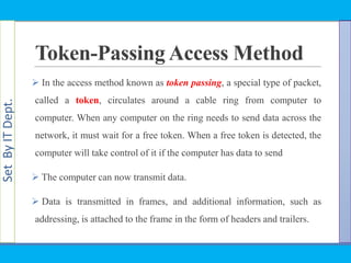 SetByITDept.
Token-Passing Access Method
 In the access method known as token passing, a special type of packet,
called a token, circulates around a cable ring from computer to
computer. When any computer on the ring needs to send data across the
network, it must wait for a free token. When a free token is detected, the
computer will take control of it if the computer has data to send
 The computer can now transmit data.
 Data is transmitted in frames, and additional information, such as
addressing, is attached to the frame in the form of headers and trailers.
 