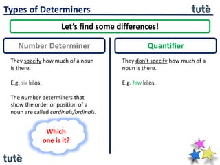 Types of Determiners
Let’s find some differences!
Number Determiner Quantifier
They specify how much of a noun
is there.
E.g. six kilos.
The number determiners that
show the order or position of a
noun are called cardinals/ordinals.
They don’t specify how much of a
noun is there.
E.g. few kilos.
Which
one is it?
 