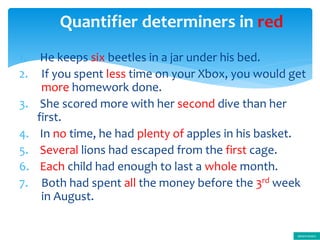 1. He keeps six beetles in a jar under his bed.
2. If you spent less time on your Xbox, you would get
more homework done.
3. She scored more with her second dive than her
first.
4. In no time, he had plenty of apples in his basket.
5. Several lions had escaped from the first cage.
6. Each child had enough to last a whole month.
7. Both had spent all the money before the 3rd week
in August.
Quantifier determiners in red
determiners
 