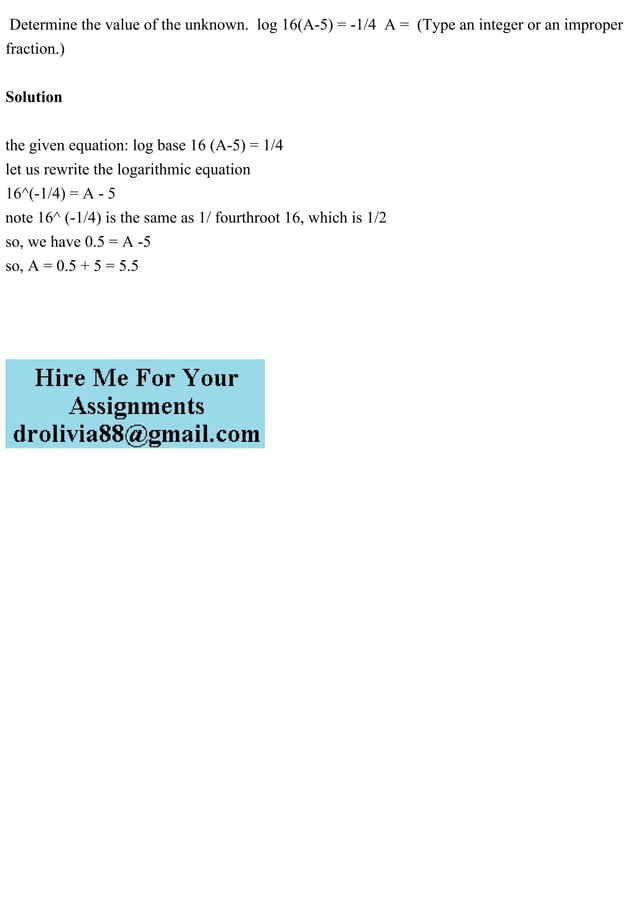 Determine The Value Of The Unknown Log 16 A 5 14 A Type A pdf