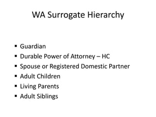 WA Surrogate Hierarchy
 Guardian
 Durable Power of Attorney – HC
 Spouse or Registered Domestic Partner
 Adult Children
 Living Parents
 Adult Siblings
 