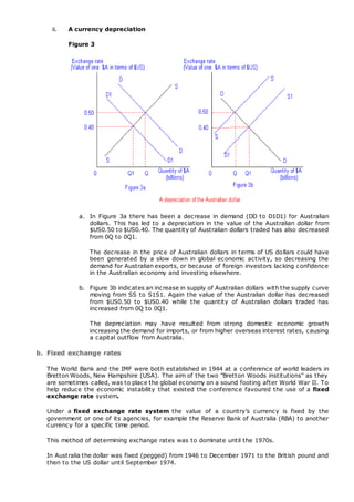 ii. A currency depreciation
Figure 3
a. In Figure 3a there has been a decrease in demand (DD to D1D1) for Australian
dollars. This has led to a depreciation in the value of the Australian dollar from
$US0.50 to $US0.40. The quantity of Australian dollars traded has also decreased
from 0Q to 0Q1.
The decrease in the price of Australian dollars in terms of US dollars could have
been generated by a slow down in global economic activity, so decreasing the
demand for Australian exports, or because of foreign investors lacking confidence
in the Australian economy and investing elsewhere.
b. Figure 3b indicates an increase in supply of Australian dollars with the supply curve
moving from SS to S1S1. Again the value of the Australian dollar has decreased
from $US0.50 to $US0.40 while the quantity of Australian dollars traded has
increased from 0Q to 0Q1.
The depreciation may have resulted from strong domestic economic growth
increasing the demand for imports, or from higher overseas interest rates, causing
a capital outflow from Australia.
b. Fixed exchange rates
The World Bank and the IMF were both established in 1944 at a conference of world leaders in
Bretton Woods, New Hampshire (USA). The aim of the two "Bretton Woods institutions" as they
are sometimes called, was to place the global economy on a sound footing after World War II. To
help reduce the economic instability that existed the conference favoured the use of a fixed
exchange rate system.
Under a fixed exchange rate system the value of a country’s currency is fixed by the
government or one of its agencies, for example the Reserve Bank of Australia (RBA) to another
currency for a specific time period.
This method of determining exchange rates was to dominate until the 1970s.
In Australia the dollar was fixed (pegged) from 1946 to December 1971 to the British pound and
then to the US dollar until September 1974.
 