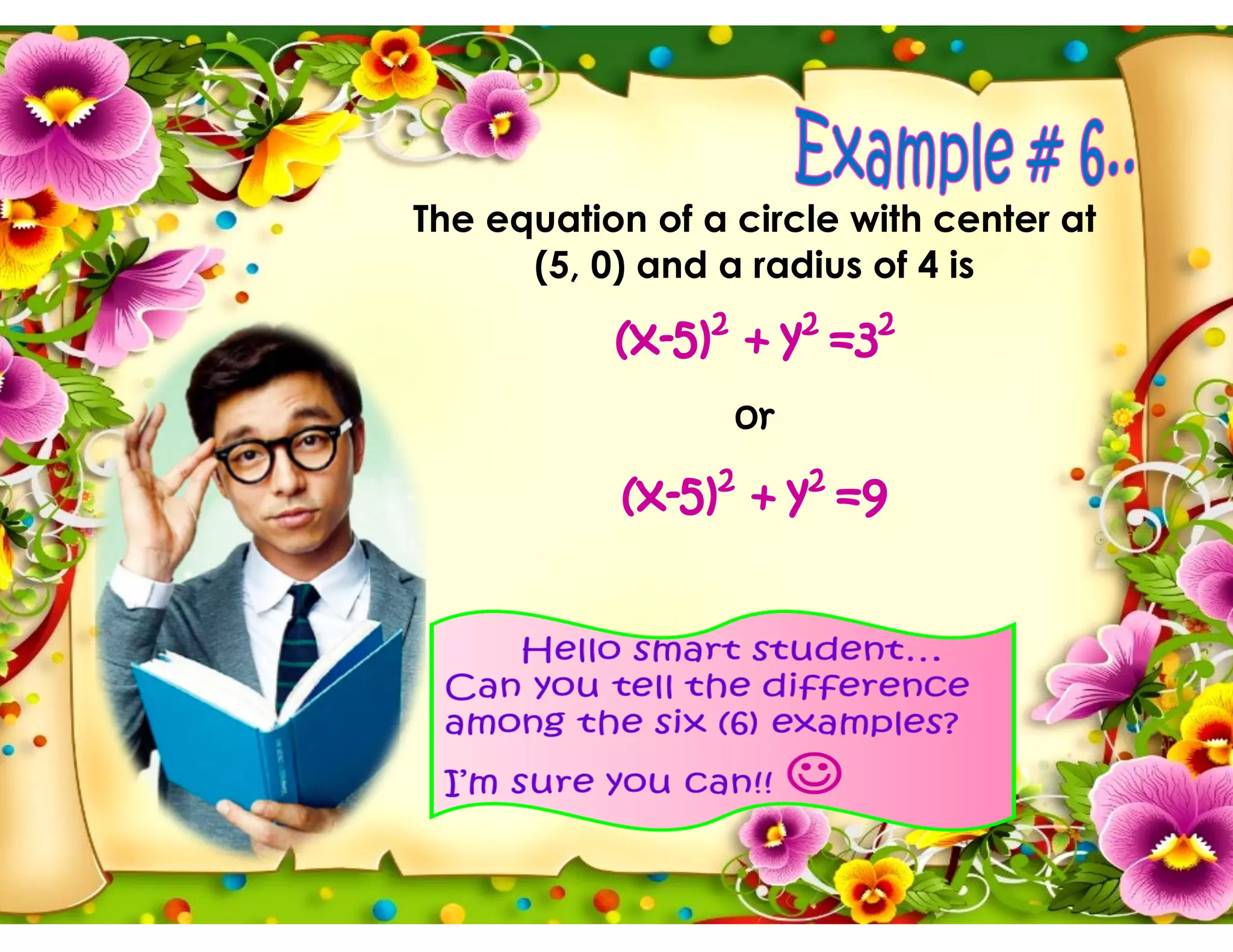 The equation of a circle with center at
(5, 0) and a radius of 4 is
(x-5)2
+ y2
=32
or
(x-5)2
+ y2
=9
 