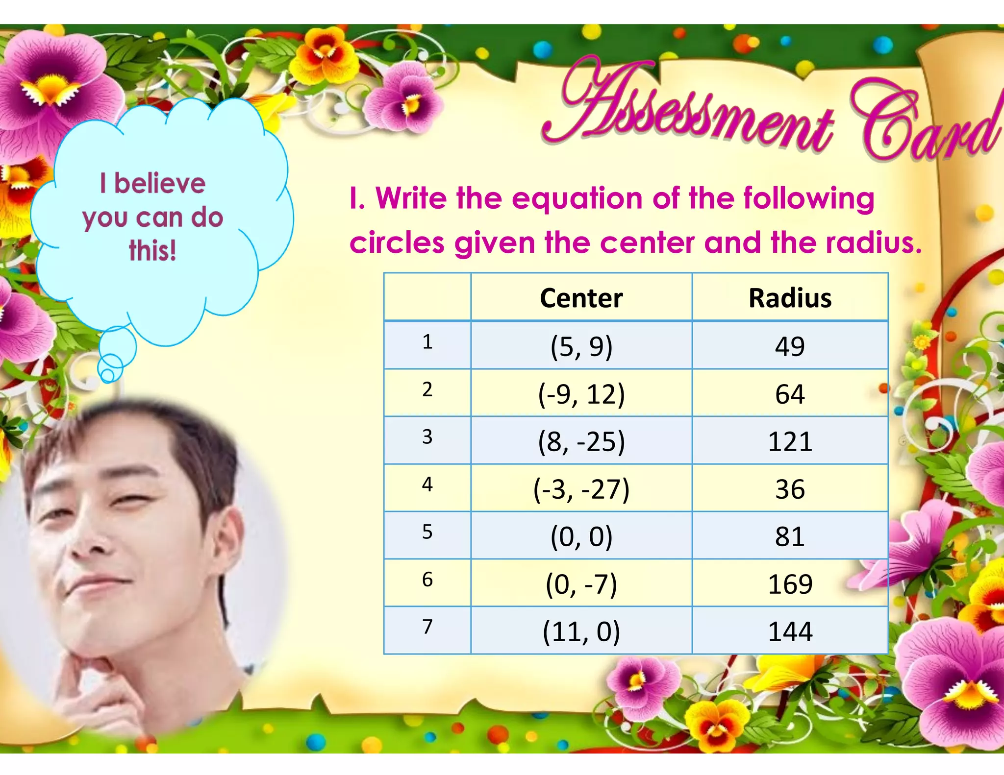 I. Write the equation of the following
circles given the center and the radius.
Center Radius
1 (5, 9) 49
2 (-9, 12) 64
3 (8, -25) 121
4 (-3, -27) 36
5 (0, 0) 81
6 (0, -7) 169
7 (11, 0) 144
 