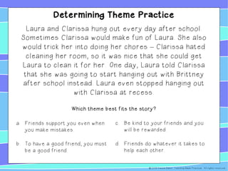 Determining Theme Practice
Laura and Clarissa hung out every day after school.
Sometimes Clarissa would make fun of Laura. She also
would trick her into doing her chores – Clarissa hated
cleaning her room, so it was nice that she could get
Laura to clean it for her. One day, Laura told Clarissa
that she was going to start hanging out with Brittney
after school instead. Laura even stopped hanging out
with Clarissa at recess.
Which theme best fits the story?
a. Friends support you even when
you make mistakes.
b. To have a good friend, you must
be a good friend.
c. Be kind to your friends and you
will be rewarded.
d. Friends do whatever it takes to
help each other.
© 2019 Kalena Baker: Teaching Made Practical. All rights reserved.
 