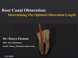 Root Canal Obturation:
Determining The Optimal Obturation Length

Dr. Ranya Elemam
BDS. Msc Endodontics
Email : Ranya_Elemam@yahoo.co.uk

9/11/2013

 