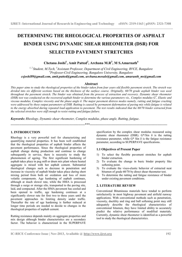 Determining the rheological properties of asphalt binder using dynamic