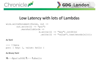 Low Latency with lots of Lambdas
wire.writeDocument(false, out ->
out.write(() -> "put")
.marshallable(m ->
m.write(() -> "key").int64(n)
.write(() -> "value").text(words[n])));
As Yaml
--- !!data
put: { key: 1, value: hello }
As Binary Yaml
⒗٠٠٠Ãputu0082⒎٠٠٠⒈åhello
 