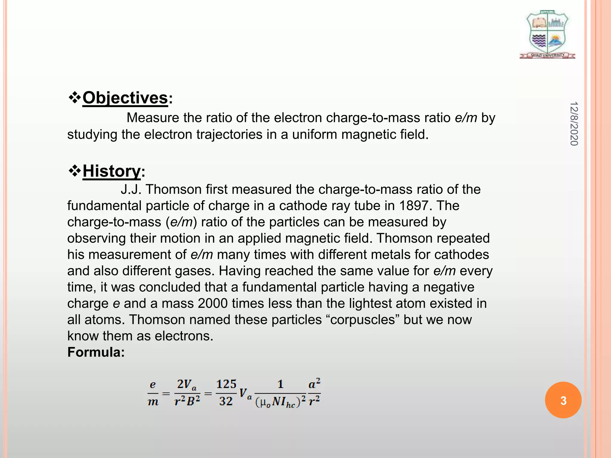 Determination of charge to mass ratio of an electron pptx
