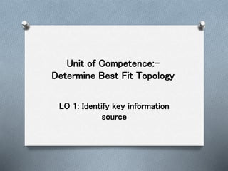 Unit of Competence:-
Determine Best Fit Topology
LO 1: Identify key information
source
 