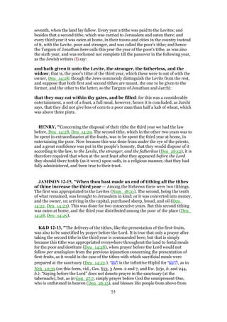 seventh, when the land lay fallow. Every year a tithe was paid to the Levites; and
besides that a second tithe, which was carried to Jerusalem and eaten there; and
every third year it was eaten at home, in their towns and cities in the country instead
of it, with the Levite, poor and stranger, and was called the poor's tithe; and hence
the Targum of Jonathan here calls this year the year of the poor's tithe, as was also
the sixth year, and was reckoned not complete till the passover in the following year,
as the Jewish writers (l) say:
and hath given it unto the Levite, the stranger, the fatherless, and the
widow; that is, the poor's tithe of the third year, which these were to eat of with the
owner, Deu_14:28; though the Jews commonly distinguish the Levite from the rest,
and suppose that both first and second tithes are meant, the one to be given to the
former, and the other to the latter; so the Targum of Jonathan and Jarchi:
that they may eat within thy gates, and be filled: for this was a considerable
entertainment, a sort of a feast, a full meal, however; hence it is concluded, as Jarchi
says, that they did not give less of corn to a poor man than half a kab of wheat, which
was above three pints.
HENRY, "Concerning the disposal of their tithe the third year we had the law
before, Deu_14:28, Deu_14:29. The second tithe, which in the other two years was to
be spent in extraordinaries at the feasts, was to be spent the third year at home, in
entertaining the poor. Now because this was done from under the eye of the priests,
and a great confidence was put in the people's honesty, that they would dispose of it
according to the law, to the Levite, the stranger, and the fatherless (Deu_26:12), it is
therefore required that when at the next feast after they appeared before the Lord
they should there testify (as it were) upon oath, in a religious manner, that they had
fully administered, and been true to their trust.
JAMISON 12-15, "When thou hast made an end of tithing all the tithes
of thine increase the third year — Among the Hebrews there were two tithings.
The first was appropriated to the Levites (Num_18:21). The second, being the tenth
of what remained, was brought to Jerusalem in kind; or it was converted into money,
and the owner, on arriving in the capital, purchased sheep, bread, and oil (Deu_
14:22, Deu_14:23). This was done for two consecutive years. But this second tithing
was eaten at home, and the third year distributed among the poor of the place (Deu_
14:28, Deu_14:29).
K&D 12-13, "The delivery of the tithes, like the presentation of the first-fruits,
was also to be sanctified by prayer before the Lord. It is true that only a prayer after
taking the second tithe in the third year is commanded here; but that is simply
because this tithe was appropriated everywhere throughout the land to festal meals
for the poor and destitute (Deu_14:28), when prayer before the Lord would not
follow per analogiam from the previous injunction concerning the presentation of
first-fruits, as it would in the case of the tithes with which sacrificial meals were
prepared at the sanctuary (Deu_14:22.). ‫ר‬ ֵ‫שׂ‬ ְ‫ע‬ ַ‫ל‬ is the infinitive Hiphil for ‫ר‬ ַ‫שׂ‬ ֲ‫ע‬ ַ‫ה‬ ְ‫,ל‬ as in
Neh_10:39 (on this form, vid., Ges. §53, 3 Anm. 2 and 7, and Ew. §131, b. and 244,
b.). “Saying before the Lord” does not denote prayer in the sanctuary (at the
tabernacle), but, as in Gen_27:7, simply prayer before God the omnipresent One,
who is enthroned in heaven (Deu_26:15), and blesses His people from above from
51
 