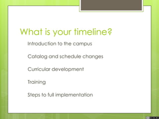 What is your timeline?
Introduction to the campus
Catalog and schedule changes
Curricular development
Training
Steps to full implementation
 
