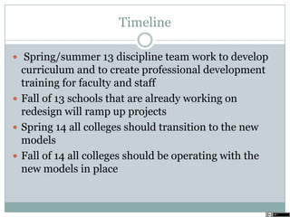 Timeline
 Spring/summer 13 discipline team work to develop
curriculum and to create professional development
training for faculty and staff
 Fall of 13 schools that are already working on
redesign will ramp up projects
 Spring 14 all colleges should transition to the new
models
 Fall of 14 all colleges should be operating with the
new models in place
 