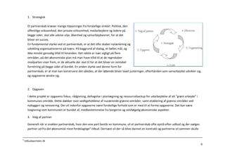 1. Strategisk

      Et partnerskab kræver mange tilpasninger fra forskellige vinkler. Politisk, den
      offentlige virksomhed, den private virksomhed, medarbejdere og ledere på
      begge sider, skal alle udvise vilje, åbenhed og samarbejdsevner, for at det
      bliver en succes.
      En fundamental styrke ved et partnerskab, er at det ofte skaber nytænkning og
      udvikling organisationerne på tværs. På baggrund af dialog, et fælles mål, og
      ikke mindst gensidig tillid til hinanden. Det sidste er især vigtigt på flere
      områder, på det økonomiske plan må man have tillid til at de regnskaber
      modparten viser frem, er de aktuelle der skal til for at det bliver en rentabel
      forretning på begge sider af bordet. En anden styrke ved denne form for
      partnerskab, er at man kan konstruere det således, at der løbende bliver lavet justeringer, efterhånden som samarbejdet udvikler sig,
      og opgaverne ændre sig.



      2. Opgaven

      I dette projekt er opgavens fokus, rådgivning, deltagelse i planlægning og ressourcebackup for udarbejdelse af alt ”grønt arbejde” i
      kommunes område. Dette dækker over vedligeholdelse af nuværende grønne områder, samt etablering af grønne områder ved
      nybyggeri og renovering. Der vil indenfor opgaverne være forskellige forhold som er med til at forme opgaverne. Det kan være
      lovgivning som kommunen er bundet af, medbestemmelse fra borgerne og selvfølgelig økonomiske aspekter.

      3. Valg af partner

      Generelt når vi snakker partnerskab, hvor den ene part består en kommune, vil et partnerskab ofte opstå efter udbud og der vælges
      partner ud fra det økonomisk mest fordelagtige” tilbud. Dernæst vil der så blive dannet en kontrakt og partnerne vil sammen skulle


4
    Udbudsportalen.dk
                                                                                                                                             9
 