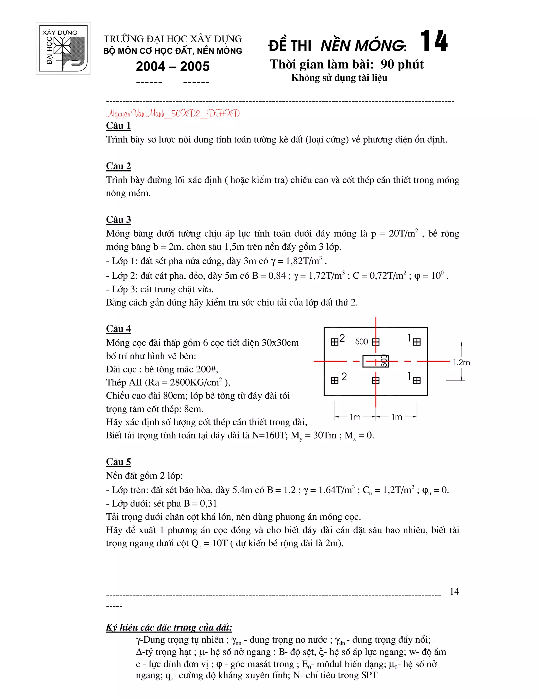 ®¹ihäc §Ò thi nÒn mãng: 14141414
Thêi gian l m b i: 90 phót
Kh«ng sö dông t i liÖu
---------------------------------------------------------------------------------------------------------
Nguyen Van Manh_50XD2_DHXD
-----------------------------------------------------------------------------------------------------
-----
Ký hiÖu c¸c ®Æc tr−ng cña ®Êt:
γ-Dung träng tù nhiªn ; γnn - dung träng no n−íc ; γ®n - dung träng ®Èy næi;
∆-tû träng h¹t ; µ- hÖ sè në ngang ; B- ®é sÖt, ξ- hÖ sè ¸p lùc ngang; w- ®é Èm
c - lùc dÝnh ®¬n vÞ ; ϕ - gãc mas¸t trong ; E0- m«®ul biÕn d¹ng; µ0- hÖ sè në
ngang; qc- c−êng ®é kh¸ng xuyªn tÜnh; N- chØ tiªu trong SPT
14
Tr−êng §¹i häc X©y Dùng
Bé m«n C¬ häc ®Êt, nÒn mãng
2004 – 2005
------ ------
1m
1.2m
1'
1
2'
2
1m
500
300
C©u 1
Tr×nh b y s¬ l−îc néi dung tÝnh to¸n t−êng kÌ ®Êt (lo¹i cøng) vÒ ph−¬ng diÖn æn ®Þnh.
C©u 2
Tr×nh b y ®−êng lèi x¸c ®Þnh ( hoÆc kiÓm tra) chiÒu cao v cèt thÐp cÇn thiÕt trong mãng
n«ng mÒm.
C©u 3
Mãng b¨ng d−íi t−êng chÞu ¸p lùc tÝnh to¸n d−íi ®¸y mãng l p = 20T/m2
, bÒ réng
mãng b¨ng b = 2m, ch«n s©u 1,5m trªn nÒn ®Êy gåm 3 líp.
- Líp 1: ®Êt sÐt pha nöa cøng, d y 3m cã γ = 1,82T/m3
.
- Líp 2: ®Êt c¸t pha, dÎo, d y 5m cã B = 0,84 ; γ = 1,72T/m3
; C = 0,72T/m2
; ϕ = 100
.
- Líp 3: c¸t trung chÆt võa.
B»ng c¸ch gÇn ®óng h y kiÓm tra søc chÞu t¶i cña líp ®Êt thø 2.
C©u 4
Mãng cäc ® i thÊp gåm 6 cäc tiÕt diÖn 30x30cm
bè trÝ nh− h×nh vÏ bªn:
§ i cäc : bª t«ng m¸c 200#,
ThÐp AII (Ra = 2800KG/cm2
),
ChiÒu cao ® i 80cm; líp bª t«ng tõ ®¸y ® i tíi
träng t©m cèt thÐp: 8cm.
H y x¸c ®Þnh sè l−îng cèt thÐp cÇn thiÕt trong ® i,
BiÕt t¶i träng tÝnh to¸n t¹i ®¸y ® i l N=160T; My = 30Tm ; Mx = 0.
C©u 5
NÒn ®Êt gåm 2 líp:
- Líp trªn: ®Êt sÐt b o hßa, d y 5,4m cã B = 1,2 ; γ = 1,64T/m3
; Cu = 1,2T/m2
; ϕu = 0.
- Líp d−íi: sÐt pha B = 0,31
T¶i träng d−íi ch©n cét kh¸ lín, nªn dïng ph−¬ng ¸n mãng cäc.
H y ®Ò xuÊt 1 ph−¬ng ¸n cäc ®ãng v cho biÕt ®¸y ® i cÇn ®Æt s©u bao nhiªu, biÕt t¶i
träng ngang d−íi cét Qo = 10T ( dù kiÕn bÒ réng ® i l 2m).
 