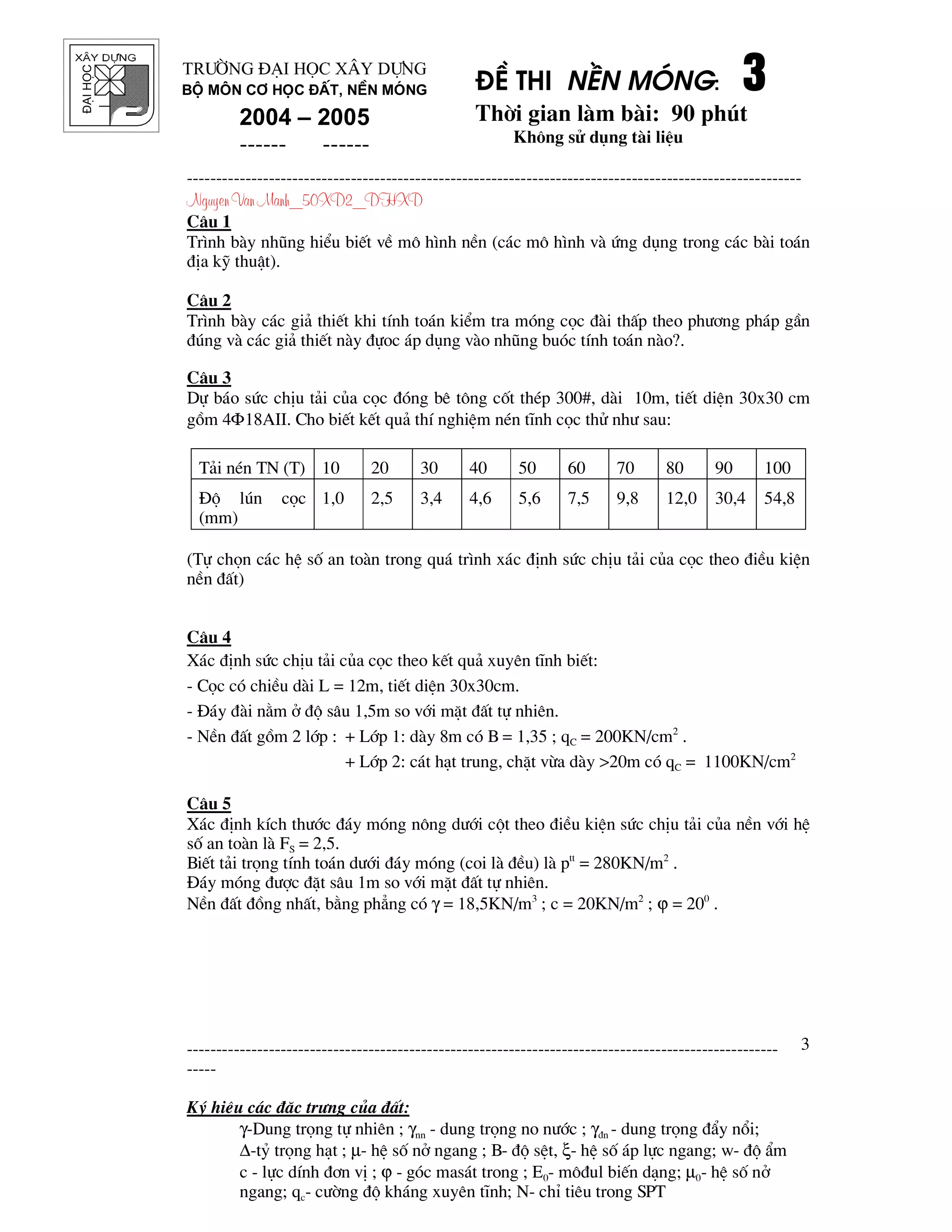 ®¹ihäc §Ò thi nÒn mãng: 3333
Thêi gian l m b i: 90 phót
Kh«ng sö dông t i liÖu
---------------------------------------------------------------------------------------------------------
Nguyen Van Manh_50XD2_DHXD
-----------------------------------------------------------------------------------------------------
-----
Ký hiÖu c¸c ®Æc tr−ng cña ®Êt:
γ-Dung träng tù nhiªn ; γnn - dung träng no n−íc ; γ®n - dung träng ®Èy næi;
∆-tû träng h¹t ; µ- hÖ sè në ngang ; B- ®é sÖt, ξ- hÖ sè ¸p lùc ngang; w- ®é Èm
c - lùc dÝnh ®¬n vÞ ; ϕ - gãc mas¸t trong ; E0- m«®ul biÕn d¹ng; µ0- hÖ sè në
ngang; qc- c−êng ®é kh¸ng xuyªn tÜnh; N- chØ tiªu trong SPT
3
Tr−êng §¹i häc X©y Dùng
Bé m«n C¬ häc ®Êt, nÒn mãng
2004 – 2005
------ ------
C©u 1
Tr×nh b y nhòng hiÓu biÕt vÒ m« h×nh nÒn (c¸c m« h×nh v øng dông trong c¸c b i to¸n
®Þa kü thuËt).
C©u 2
Tr×nh b y c¸c gi¶ thiÕt khi tÝnh to¸n kiÓm tra mãng cäc ® i thÊp theo ph−¬ng ph¸p gÇn
®óng v c¸c gi¶ thiÕt n y ®ùoc ¸p dông v o nhòng buãc tÝnh to¸n n o?.
C©u 3
Dù b¸o søc chÞu t¶i cña cäc ®ãng bª t«ng cèt thÐp 300#, d i 10m, tiÕt diÖn 30x30 cm
gåm 4Φ18AII. Cho biÕt kÕt qu¶ thÝ nghiÖm nÐn tÜnh cäc thö nh− sau:
T¶i nÐn TN (T) 10 20 30 40 50 60 70 80 90 100
§é lón cäc
(mm)
1,0 2,5 3,4 4,6 5,6 7,5 9,8 12,0 30,4 54,8
(Tù chän c¸c hÖ sè an to n trong qu¸ tr×nh x¸c ®Þnh søc chÞu t¶i cña cäc theo ®iÒu kiÖn
nÒn ®Êt)
C©u 4
X¸c ®Þnh søc chÞu t¶i cña cäc theo kÕt qu¶ xuyªn tÜnh biÕt:
- Cäc cã chiÒu d i L = 12m, tiÕt diÖn 30x30cm.
- §¸y ® i n»m ë ®é s©u 1,5m so víi mÆt ®Êt tù nhiªn.
- NÒn ®Êt gåm 2 líp : + Líp 1: d y 8m cã B = 1,35 ; qC = 200KN/cm2
.
+ Líp 2: c¸t h¹t trung, chÆt võa d y >20m cã qC = 1100KN/cm2
C©u 5
X¸c ®Þnh kÝch th−íc ®¸y mãng n«ng d−íi cét theo ®iÒu kiÖn søc chÞu t¶i cña nÒn víi hÖ
sè an to n l FS = 2,5.
BiÕt t¶i träng tÝnh to¸n d−íi ®¸y mãng (coi l ®Òu) l ptt
= 280KN/m2
.
§¸y mãng ®−îc ®Æt s©u 1m so víi mÆt ®Êt tù nhiªn.
NÒn ®Êt ®ång nhÊt, b»ng ph¼ng cã γ = 18,5KN/m3
; c = 20KN/m2
; ϕ = 200
.
 