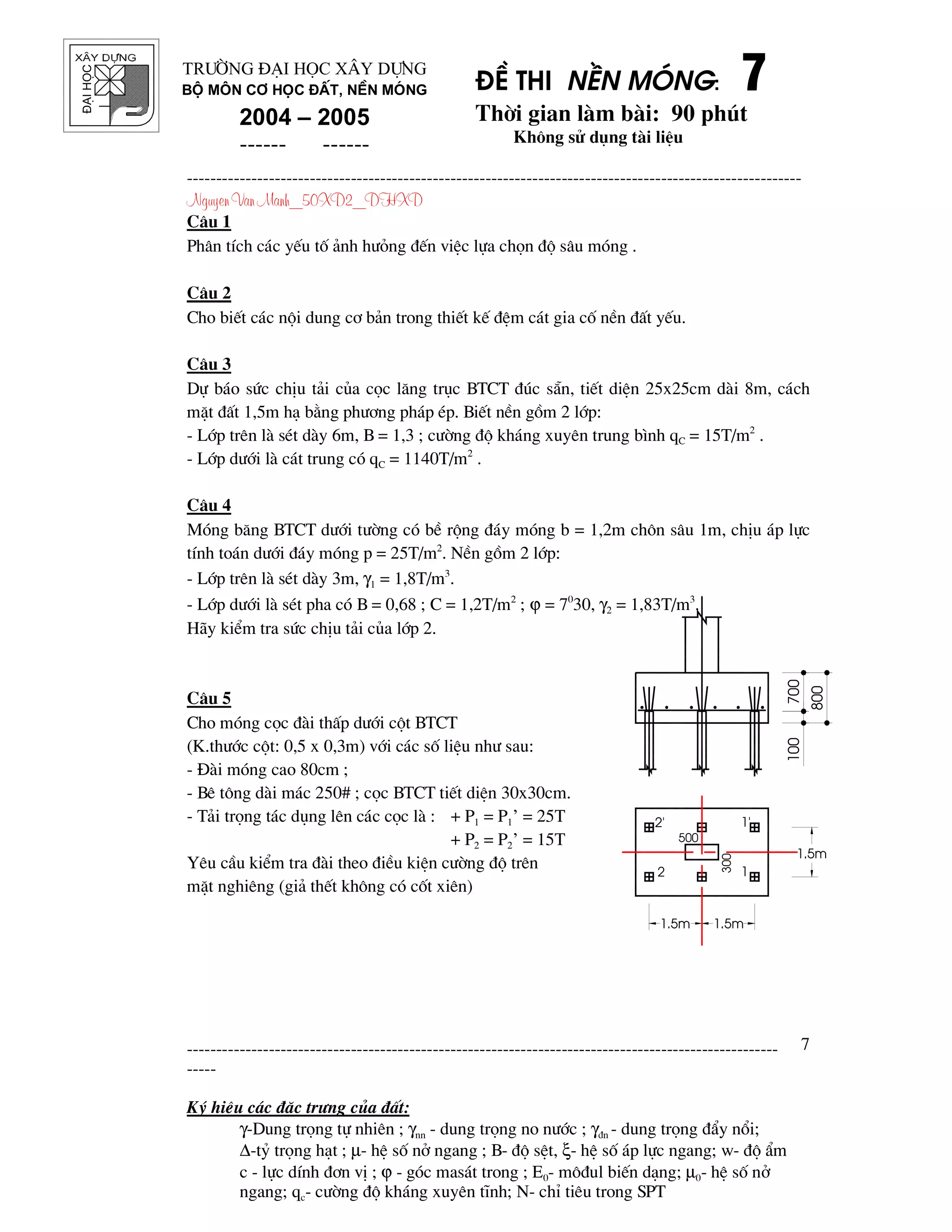 ®¹ihäc §Ò thi nÒn mãng: 7777
Thêi gian l m b i: 90 phót
Kh«ng sö dông t i liÖu
---------------------------------------------------------------------------------------------------------
Nguyen Van Manh_50XD2_DHXD
-----------------------------------------------------------------------------------------------------
-----
Ký hiÖu c¸c ®Æc tr−ng cña ®Êt:
γ-Dung träng tù nhiªn ; γnn - dung träng no n−íc ; γ®n - dung träng ®Èy næi;
∆-tû träng h¹t ; µ- hÖ sè në ngang ; B- ®é sÖt, ξ- hÖ sè ¸p lùc ngang; w- ®é Èm
c - lùc dÝnh ®¬n vÞ ; ϕ - gãc mas¸t trong ; E0- m«®ul biÕn d¹ng; µ0- hÖ sè në
ngang; qc- c−êng ®é kh¸ng xuyªn tÜnh; N- chØ tiªu trong SPT
7
Tr−êng §¹i häc X©y Dùng
Bé m«n C¬ häc ®Êt, nÒn mãng
2004 – 2005
------ ------
800
700100
1.5m1.5m
1.5m
500
300
1'
1
2'
2
C©u 1
Ph©n tÝch c¸c yÕu tè ¶nh h−áng ®Õn viÖc lùa chän ®é s©u mãng .
C©u 2
Cho biÕt c¸c néi dung c¬ b¶n trong thiÕt kÕ ®Öm c¸t gia cè nÒn ®Êt yÕu.
C©u 3
Dù b¸o søc chÞu t¶i cña cäc l¨ng trôc BTCT ®óc s½n, tiÕt diÖn 25x25cm d i 8m, c¸ch
mÆt ®Êt 1,5m h¹ b»ng ph−¬ng ph¸p Ðp. BiÕt nÒn gåm 2 líp:
- Líp trªn l sÐt d y 6m, B = 1,3 ; c−êng ®é kh¸ng xuyªn trung b×nh qC = 15T/m2
.
- Líp d−íi l c¸t trung cã qC = 1140T/m2
.
C©u 4
Mãng b¨ng BTCT d−íi t−êng cã bÒ réng ®¸y mãng b = 1,2m ch«n s©u 1m, chÞu ¸p lùc
tÝnh to¸n d−íi ®¸y mãng p = 25T/m2
. NÒn gåm 2 líp:
- Líp trªn l sÐt d y 3m, γ1 = 1,8T/m3
.
- Líp d−íi l sÐt pha cã B = 0,68 ; C = 1,2T/m2
; ϕ = 70
30, γ2 = 1,83T/m3
.
H y kiÓm tra søc chÞu t¶i cña líp 2.
C©u 5
Cho mãng cäc ® i thÊp d−íi cét BTCT
(K.th−íc cét: 0,5 x 0,3m) víi c¸c sè liÖu nh− sau:
- § i mãng cao 80cm ;
- Bª t«ng d i m¸c 250# ; cäc BTCT tiÕt diÖn 30x30cm.
- T¶i träng t¸c dông lªn c¸c cäc l : + P1 = P1’ = 25T
+ P2 = P2’ = 15T
Yªu cÇu kiÓm tra ® i theo ®iÒu kiÖn c−êng ®é trªn
mÆt nghiªng (gi¶ thÕt kh«ng cã cèt xiªn)
 