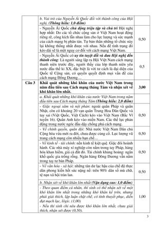 3
b. Vai trò của Nguyễn Ái Quốc đối với thành công của Hội
nghị. (Thông hiểu: 1,0 điểm)
- Nguyễn Ái Quốc chủ động triệu tập và chủ trì Hội nghị
hợp nhất: Do các tổ chức cộng sản ở Việt Nam hoạt động
riêng rẽ, công kích lẫn nhau làm cho lực lượng và sức mạnh
của cách mạng bị phân tán. Tự bản thân những tổ chức này
lại không thống nhất được với nhau. Nếu để tình trạng đó
kéo dài sẽ là một nguy cơ đối với cách mạng Việt Nam.
0,50
- Nguyễn Ái Quốc có uy tín tuyệt đối và đưa Hội nghị đến
thành công: Là người sáng lập ra Hội Việt Nam cách mạng
thanh niên trước đây, người thầy của lớp thanh niên yêu
nước đầu thế kỉ XX, đặc biệt là với tư cách là đại diện của
Quốc tế Cộng sản, có quyền quyết định mọi vấn đề của
cách mạng Đông Dương…
0,5
Câu 3 Khái quát những khó khăn của nước Việt Nam trong
năm đầu tiên sau Cách mạng tháng Tám và nhận xét về
khó khăn lớn nhất.
3,00
a. Khái quát những khó khăn của nước Việt Nam trong năm
đầu tiên sau Cách mạng tháng Tám (Thông hiểu: 2,0 điểm)
- Giặc ngoại xâm và nội phản: ngoài quân Pháp và quân
Nhật, còn có khoảng 20 vạn quân Trung Hoa Dân Quốc và
tay sai (Việt Quốc, Việt Cách) kéo vào Việt Nam (Bắc Vĩ
tuyến 16). Quân Anh kéo vào miền Nam. Các thế lực phản
động trong nước ngóc đầu dậy chống phá cách mạng.
0,50
- Về chính quyền, quân đội: Nhà nước Việt Nam Dân chủ
Cộng hòa vừa mới ra đời, chưa được củng cố. Lực lượng vũ
trang cách mạng còn nhiều hạn chế…
0,50
- Về kinh tế - tài chính: nền kinh tế kiệt quệ. Giặc đói hoành
hành. Các nhà máy xí nghiệp còn nằm trong tay Pháp, hàng
hóa khan hiếm, giá cả đắt đỏ. Tài chính khủng hoảng: ngân
khố quốc gia trống rỗng. Ngân hàng Đông Dương vẫn nằm
trong tay tư bản Pháp.
0,50
- Về văn hóa - xã hội: những tàn dư lạc hậu của chế độ thực
dân phong kiến hết sức nặng nề: trên 90% dân số mù chữ,
tệ nạn xã hội tràn lan.
0,50
b. Nhận xét về khó khăn lớn nhất (Vận dụng cao: 1,0 điểm)
1,00
- Theo quan điểm cá nhân, thí sinh có thể nhận xét về một
khó khăn lớn nhất trong những khó khăn kể trên, nhưng
phải giải thích, lập luận chặt chẽ, có tính thuyết phục, diễn
đạt mạch lạc, lôgíc. (1,00)
- Nếu thí sinh chỉ nêu được khó khăn lớn nhất, chưa giải
thích, nhận xét được (0,50).
 