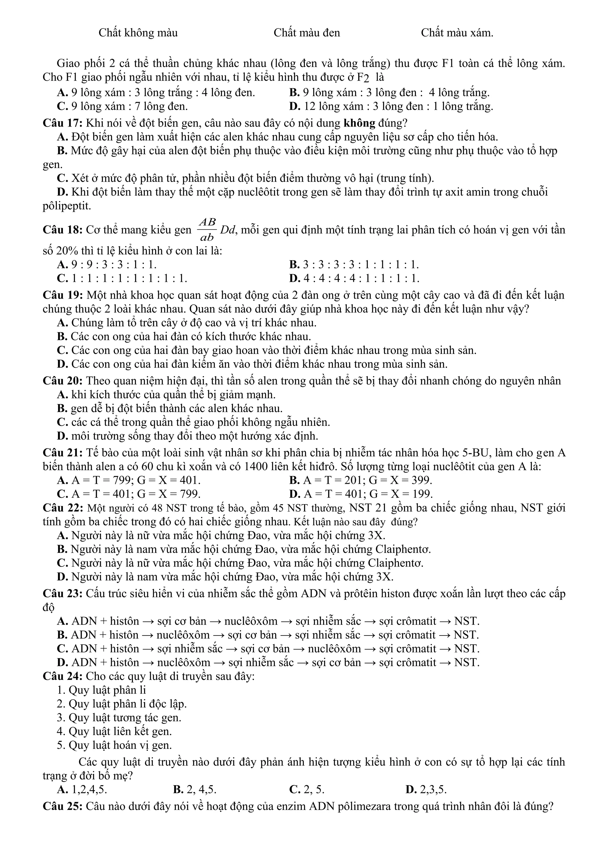 Chất không màu Chất màu đen Chất màu xám.
Giao phối 2 cá thể thuần chủng khác nhau (lông đen và lông trắng) thu được F1 toàn cá thể lông xám.
Cho F1 giao phối ngẫu nhiên với nhau, tỉ lệ kiểu hình thu được ở F2 là
A. 9 lông xám : 3 lông trắng : 4 lông đen. B. 9 lông xám : 3 lông đen : 4 lông trắng.
C. 9 lông xám : 7 lông đen. D. 12 lông xám : 3 lông đen : 1 lông trắng.
Câu 17: Khi nói về đột biến gen, câu nào sau đây có nội dung không đúng?
A. Đột biến gen làm xuất hiện các alen khác nhau cung cấp nguyên liệu sơ cấp cho tiến hóa.
B. Mức độ gây hại của alen đột biến phụ thuộc vào điều kiện môi trường cũng như phụ thuộc vào tổ hợp
gen.
C. Xét ở mức độ phân tử, phần nhiều đột biến điểm thường vô hại (trung tính).
D. Khi đột biến làm thay thế một cặp nuclêôtit trong gen sẽ làm thay đổi trình tự axit amin trong chuỗi
pôlipeptit.
Câu 18: Cơ thể mang kiểu gen
ab
AB
Dd, mỗi gen qui định một tính trạng lai phân tích có hoán vị gen với tần
số 20% thì tỉ lệ kiểu hình ở con lai là:
A. 9 : 9 : 3 : 3 : 1 : 1. B. 3 : 3 : 3 : 3 : 1 : 1 : 1 : 1.
C. 1 : 1 : 1 : 1 : 1 : 1 : 1 : 1. D. 4 : 4 : 4 : 4 : 1 : 1 : 1 : 1.
Câu 19: Một nhà khoa học quan sát hoạt động của 2 đàn ong ở trên cùng một cây cao và đã đi đến kết luận
chúng thuộc 2 loài khác nhau. Quan sát nào dưới đây giúp nhà khoa học này đi đến kết luận như vậy?
A. Chúng làm tổ trên cây ở độ cao và vị trí khác nhau.
B. Các con ong của hai đàn có kích thước khác nhau.
C. Các con ong của hai đàn bay giao hoan vào thời điểm khác nhau trong mùa sinh sản.
D. Các con ong của hai đàn kiếm ăn vào thời điểm khác nhau trong mùa sinh sản.
Câu 20: Theo quan niệm hiện đại, thì tần số alen trong quần thể sẽ bị thay đổi nhanh chóng do nguyên nhân
A. khi kích thước của quần thể bị giảm mạnh.
B. gen dễ bị đột biến thành các alen khác nhau.
C. các cá thể trong quần thể giao phối không ngẫu nhiên.
D. môi trường sống thay đổi theo một hướng xác định.
Câu 21: Tế bào của một loài sinh vật nhân sơ khi phân chia bị nhiễm tác nhân hóa học 5-BU, làm cho gen A
biến thành alen a có 60 chu kì xoắn và có 1400 liên kết hiđrô. Số lượng từng loại nuclêôtit của gen A là:
A. A = T = 799; G = X = 401. B. A = T = 201; G = X = 399.
C. A = T = 401; G = X = 799. D. A = T = 401; G = X = 199.
Câu 22: Một người có 48 NST trong tế bào, gồm 45 NST thường, NST 21 gồm ba chiếc giống nhau, NST giới
tính gồm ba chiếc trong đó có hai chiếc giống nhau. Kết luận nào sau đây đúng?
A. Người này là nữ vừa mắc hội chứng Đao, vừa mắc hội chứng 3X.
B. Người này là nam vừa mắc hội chứng Đao, vừa mắc hội chứng Claiphentơ.
C. Người này là nữ vừa mắc hội chứng Đao, vừa mắc hội chứng Claiphentơ.
D. Người này là nam vừa mắc hội chứng Đao, vừa mắc hội chứng 3X.
Câu 23: Cấu trúc siêu hiển vi của nhiễm sắc thể gồm ADN và prôtêin histon được xoắn lần lượt theo các cấp
độ
A. ADN + histôn → sợi cơ bản → nuclêôxôm → sợi nhiễm sắc → sợi crômatit → NST.
B. ADN + histôn → nuclêôxôm → sợi cơ bản → sợi nhiễm sắc → sợi crômatit → NST.
C. ADN + histôn → sợi nhiễm sắc → sợi cơ bản → nuclêôxôm → sợi crômatit → NST.
D. ADN + histôn → nuclêôxôm → sợi nhiễm sắc → sợi cơ bản → sợi crômatit → NST.
Câu 24: Cho các quy luật di truyền sau đây:
1. Quy luật phân li
2. Quy luật phân li độc lập.
3. Quy luật tương tác gen.
4. Quy luật liên kết gen.
5. Quy luật hoán vị gen.
Các quy luật di truyền nào dưới đây phản ánh hiện tượng kiểu hình ở con có sự tổ hợp lại các tính
trạng ở đời bố mẹ?
A. 1,2,4,5. B. 2, 4,5. C. 2, 5. D. 2,3,5.
Câu 25: Câu nào dưới đây nói về hoạt động của enzim ADN pôlimezara trong quá trình nhân đôi là đúng?
 