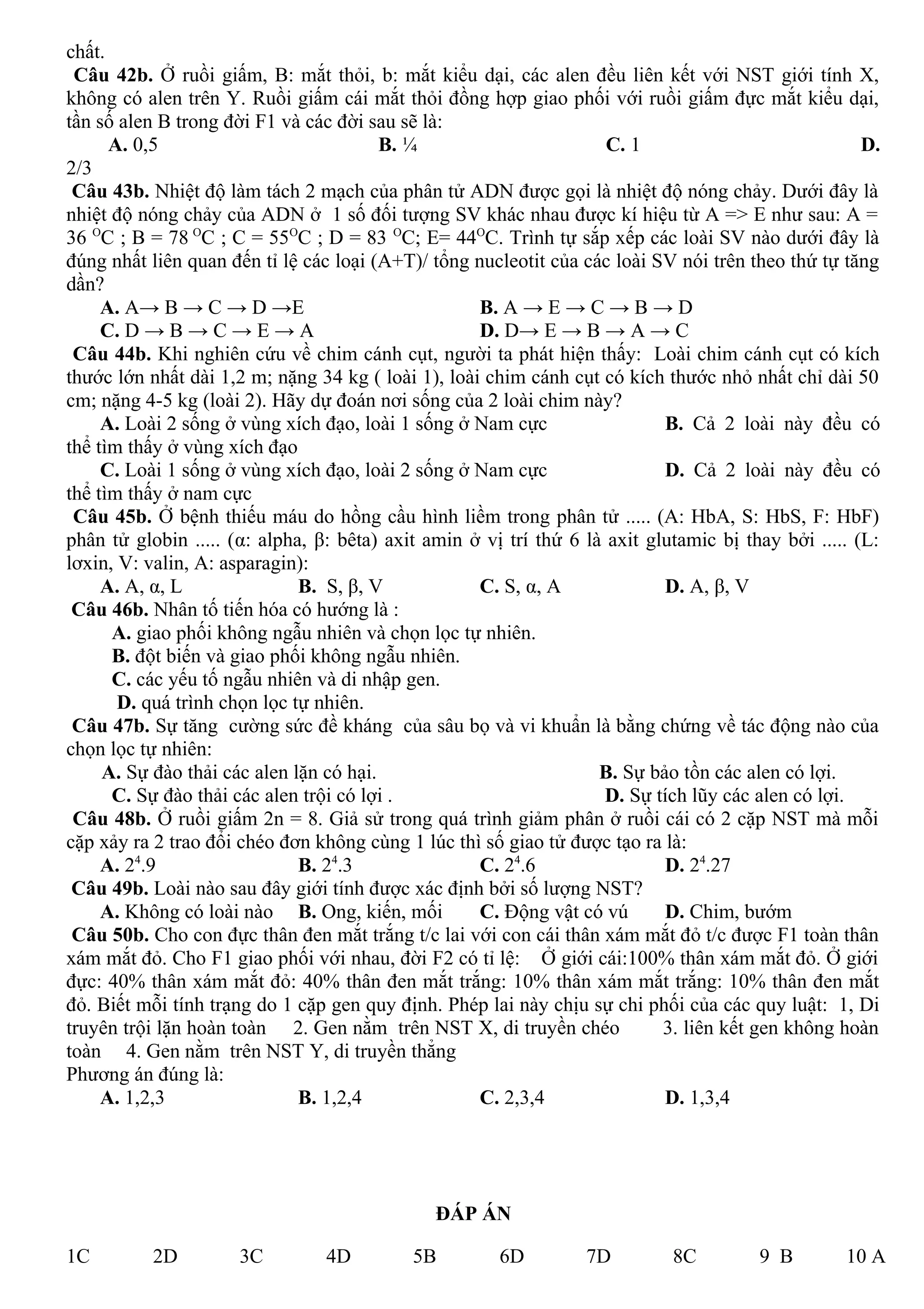 chất.
Câu 42b. Ở ruồi giấm, B: mắt thỏi, b: mắt kiểu dại, các alen đều liên kết với NST giới tính X,
không có alen trên Y. Ruồi giấm cái mắt thỏi đồng hợp giao phối với ruồi giấm đực mắt kiểu dại,
tần số alen B trong đời F1 và các đời sau sẽ là:
A. 0,5 B. ¼ C. 1 D.
2/3
Câu 43b. Nhiệt độ làm tách 2 mạch của phân tử ADN được gọi là nhiệt độ nóng chảy. Dưới đây là
nhiệt độ nóng chảy của ADN ở 1 số đối tượng SV khác nhau được kí hiệu từ A => E như sau: A =
36 O
C ; B = 78 O
C ; C = 55O
C ; D = 83 O
C; E= 44O
C. Trình tự sắp xếp các loài SV nào dưới đây là
đúng nhất liên quan đến tỉ lệ các loại (A+T)/ tổng nucleotit của các loài SV nói trên theo thứ tự tăng
dần?
A. A→ B → C → D →E B. A → E → C → B → D
C. D → B → C → E → A D. D→ E → B → A → C
Câu 44b. Khi nghiên cứu về chim cánh cụt, người ta phát hiện thấy: Loài chim cánh cụt có kích
thước lớn nhất dài 1,2 m; nặng 34 kg ( loài 1), loài chim cánh cụt có kích thước nhỏ nhất chỉ dài 50
cm; nặng 4-5 kg (loài 2). Hãy dự đoán nơi sống của 2 loài chim này?
A. Loài 2 sống ở vùng xích đạo, loài 1 sống ở Nam cực B. Cả 2 loài này đều có
thể tìm thấy ở vùng xích đạo
C. Loài 1 sống ở vùng xích đạo, loài 2 sống ở Nam cực D. Cả 2 loài này đều có
thể tìm thấy ở nam cực
Câu 45b. Ở bệnh thiếu máu do hồng cầu hình liềm trong phân tử ..... (A: HbA, S: HbS, F: HbF)
phân tử globin ..... (α: alpha, β: bêta) axit amin ở vị trí thứ 6 là axit glutamic bị thay bởi ..... (L:
lơxin, V: valin, A: asparagin):
A. A, α, L B. S, β, V C. S, α, A D. A, β, V
Câu 46b. Nhân tố tiến hóa có hướng là :
A. giao phối không ngẫu nhiên và chọn lọc tự nhiên.
B. đột biến và giao phối không ngẫu nhiên.
C. các yếu tố ngẫu nhiên và di nhập gen.
D. quá trình chọn lọc tự nhiên.
Câu 47b. Sự tăng cường sức đề kháng của sâu bọ và vi khuẩn là bằng chứng về tác động nào của
chọn lọc tự nhiên:
A. Sự đào thải các alen lặn có hại. B. Sự bảo tồn các alen có lợi.
C. Sự đào thải các alen trội có lợi . D. Sự tích lũy các alen có lợi.
Câu 48b. Ở ruồi giấm 2n = 8. Giả sử trong quá trình giảm phân ở ruồi cái có 2 cặp NST mà mỗi
cặp xảy ra 2 trao đổi chéo đơn không cùng 1 lúc thì số giao tử được tạo ra là:
A. 24
.9 B. 24
.3 C. 24
.6 D. 24
.27
Câu 49b. Loài nào sau đây giới tính được xác định bởi số lượng NST?
A. Không có loài nào B. Ong, kiến, mối C. Động vật có vú D. Chim, bướm
Câu 50b. Cho con đực thân đen mắt trắng t/c lai với con cái thân xám mắt đỏ t/c được F1 toàn thân
xám mắt đỏ. Cho F1 giao phối với nhau, đời F2 có tỉ lệ: Ở giới cái:100% thân xám mắt đỏ. Ở giới
đực: 40% thân xám mắt đỏ: 40% thân đen mắt trắng: 10% thân xám mắt trắng: 10% thân đen mắt
đỏ. Biết mỗi tính trạng do 1 cặp gen quy định. Phép lai này chịu sự chi phối của các quy luật: 1, Di
truyên trội lặn hoàn toàn 2. Gen nằm trên NST X, di truyền chéo 3. liên kết gen không hoàn
toàn 4. Gen nằm trên NST Y, di truyền thẳng
Phương án đúng là:
A. 1,2,3 B. 1,2,4 C. 2,3,4 D. 1,3,4
ĐÁP ÁN
1C 2D 3C 4D 5B 6D 7D 8C 9 B 10 A
 