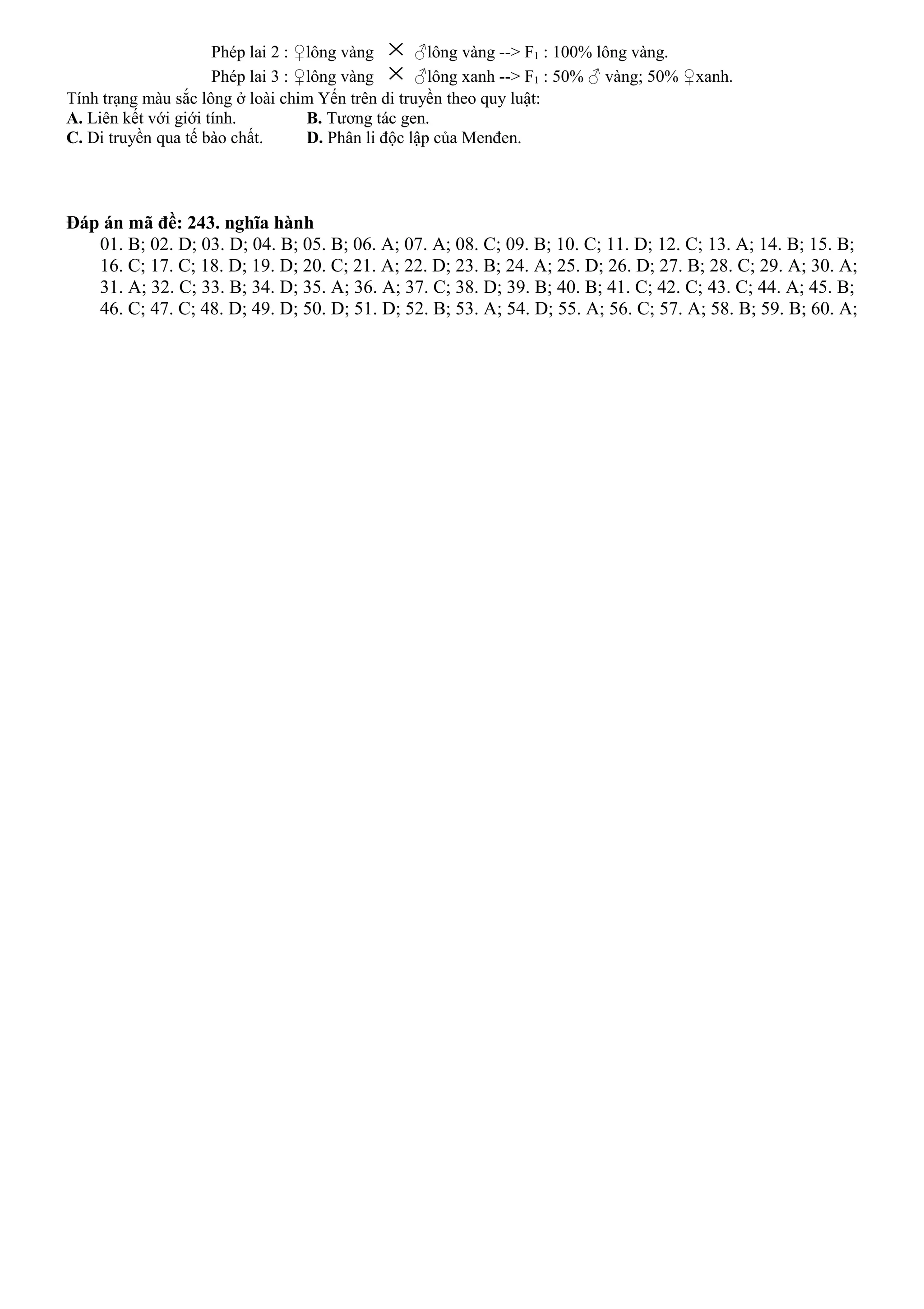 Phép lai 2 : ♀lông vàng × ♂lông vàng --> F1 : 100% lông vàng.
Phép lai 3 : ♀lông vàng × ♂lông xanh --> F1 : 50% ♂ vàng; 50% ♀xanh.
Tính trạng màu sắc lông ở loài chim Yến trên di truyền theo quy luật:
A. Liên kết với giới tính. B. Tương tác gen.
C. Di truyền qua tế bào chất. D. Phân li độc lập của Menđen.
Đáp án mã đề: 243. nghĩa hành
01. B; 02. D; 03. D; 04. B; 05. B; 06. A; 07. A; 08. C; 09. B; 10. C; 11. D; 12. C; 13. A; 14. B; 15. B;
16. C; 17. C; 18. D; 19. D; 20. C; 21. A; 22. D; 23. B; 24. A; 25. D; 26. D; 27. B; 28. C; 29. A; 30. A;
31. A; 32. C; 33. B; 34. D; 35. A; 36. A; 37. C; 38. D; 39. B; 40. B; 41. C; 42. C; 43. C; 44. A; 45. B;
46. C; 47. C; 48. D; 49. D; 50. D; 51. D; 52. B; 53. A; 54. D; 55. A; 56. C; 57. A; 58. B; 59. B; 60. A;
 