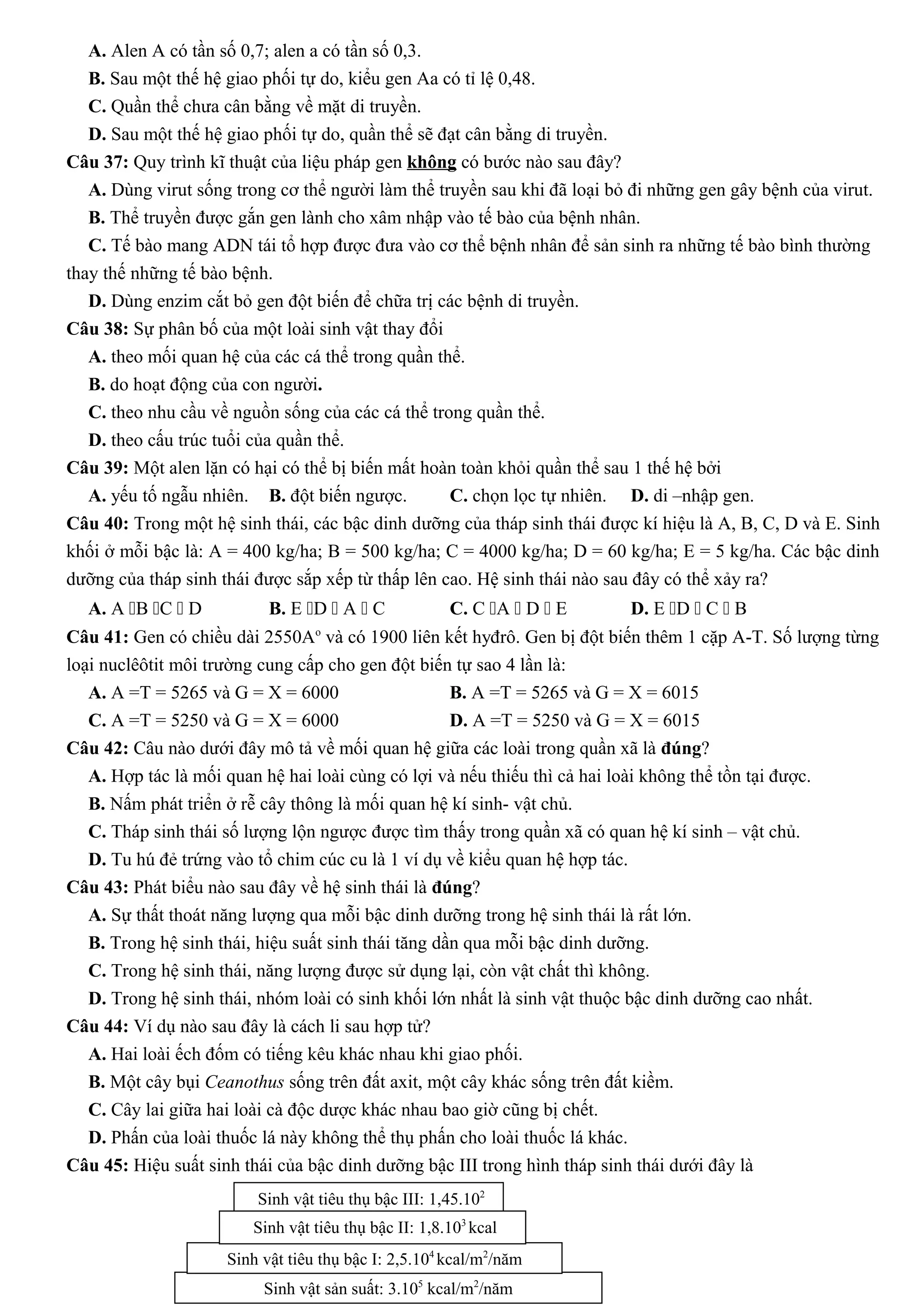 A. Alen A có tần số 0,7; alen a có tần số 0,3.
B. Sau một thế hệ giao phối tự do, kiểu gen Aa có tỉ lệ 0,48.
C. Quần thể chưa cân bằng về mặt di truyền.
D. Sau một thế hệ giao phối tự do, quần thể sẽ đạt cân bằng di truyền.
Câu 37: Quy trình kĩ thuật của liệu pháp gen không có bước nào sau đây?
A. Dùng virut sống trong cơ thể người làm thể truyền sau khi đã loại bỏ đi những gen gây bệnh của virut.
B. Thể truyền được gắn gen lành cho xâm nhập vào tế bào của bệnh nhân.
C. Tế bào mang ADN tái tổ hợp được đưa vào cơ thể bệnh nhân để sản sinh ra những tế bào bình thường
thay thế những tế bào bệnh.
D. Dùng enzim cắt bỏ gen đột biến để chữa trị các bệnh di truyền.
Câu 38: Sự phân bố của một loài sinh vật thay đổi
A. theo mối quan hệ của các cá thể trong quần thể.
B. do hoạt động của con người.
C. theo nhu cầu về nguồn sống của các cá thể trong quần thể.
D. theo cấu trúc tuổi của quần thể.
Câu 39: Một alen lặn có hại có thể bị biến mất hoàn toàn khỏi quần thể sau 1 thế hệ bởi
A. yếu tố ngẫu nhiên. B. đột biến ngược. C. chọn lọc tự nhiên. D. di –nhập gen.
Câu 40: Trong một hệ sinh thái, các bậc dinh dưỡng của tháp sinh thái được kí hiệu là A, B, C, D và E. Sinh
khối ở mỗi bậc là: A = 400 kg/ha; B = 500 kg/ha; C = 4000 kg/ha; D = 60 kg/ha; E = 5 kg/ha. Các bậc dinh
dưỡng của tháp sinh thái được sắp xếp từ thấp lên cao. Hệ sinh thái nào sau đây có thể xảy ra?
A. A B C  D B. E D  A  C C. C A  D  E D. E D  C  B
Câu 41: Gen có chiều dài 2550Ao
và có 1900 liên kết hyđrô. Gen bị đột biến thêm 1 cặp A-T. Số lượng từng
loại nuclêôtit môi trường cung cấp cho gen đột biến tự sao 4 lần là:
A. A =T = 5265 và G = X = 6000 B. A =T = 5265 và G = X = 6015
C. A =T = 5250 và G = X = 6000 D. A =T = 5250 và G = X = 6015
Câu 42: Câu nào dưới đây mô tả về mối quan hệ giữa các loài trong quần xã là đúng?
A. Hợp tác là mối quan hệ hai loài cùng có lợi và nếu thiếu thì cả hai loài không thể tồn tại được.
B. Nấm phát triển ở rễ cây thông là mối quan hệ kí sinh- vật chủ.
C. Tháp sinh thái số lượng lộn ngược được tìm thấy trong quần xã có quan hệ kí sinh – vật chủ.
D. Tu hú đẻ trứng vào tổ chim cúc cu là 1 ví dụ về kiểu quan hệ hợp tác.
Câu 43: Phát biểu nào sau đây về hệ sinh thái là đúng?
A. Sự thất thoát năng lượng qua mỗi bậc dinh dưỡng trong hệ sinh thái là rất lớn.
B. Trong hệ sinh thái, hiệu suất sinh thái tăng dần qua mỗi bậc dinh dưỡng.
C. Trong hệ sinh thái, năng lượng được sử dụng lại, còn vật chất thì không.
D. Trong hệ sinh thái, nhóm loài có sinh khối lớn nhất là sinh vật thuộc bậc dinh dưỡng cao nhất.
Câu 44: Ví dụ nào sau đây là cách li sau hợp tử?
A. Hai loài ếch đốm có tiếng kêu khác nhau khi giao phối.
B. Một cây bụi Ceanothus sống trên đất axit, một cây khác sống trên đất kiềm.
C. Cây lai giữa hai loài cà độc dược khác nhau bao giờ cũng bị chết.
D. Phấn của loài thuốc lá này không thể thụ phấn cho loài thuốc lá khác.
Câu 45: Hiệu suất sinh thái của bậc dinh dưỡng bậc III trong hình tháp sinh thái dưới đây là
Sinh vật sản suất: 3.105
kcal/m2
/năm
Sinh vật tiêu thụ bậc I: 2,5.104
kcal/m2
/năm
Sinh vật tiêu thụ bậc III: 1,45.102
kcal
Sinh vật tiêu thụ bậc II: 1,8.103
kcal
 