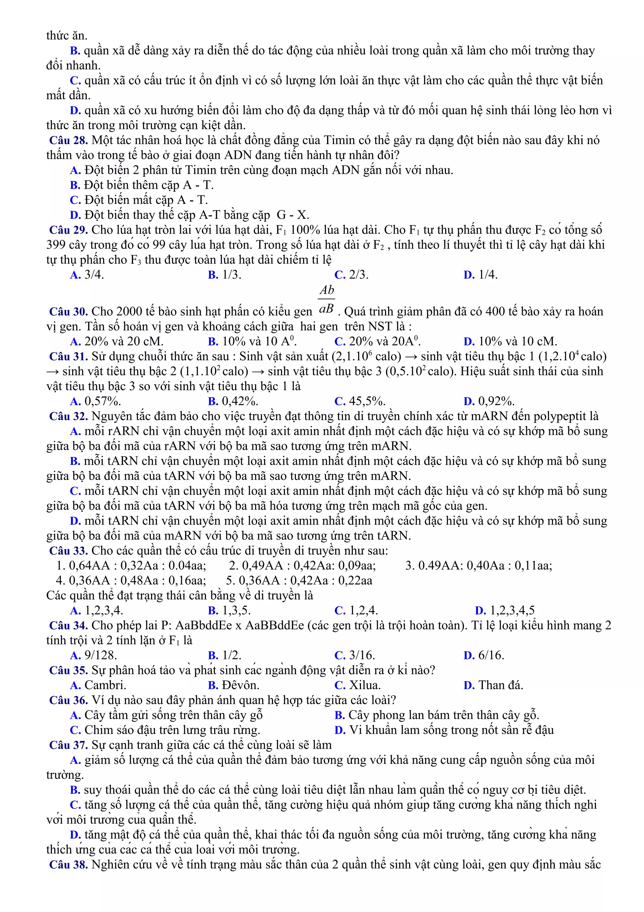 thức ăn.
B. quần xã dễ dàng xảy ra diễn thế do tác động của nhiều loài trong quần xã làm cho môi trường thay
đổi nhanh.
C. quần xã có cấu trúc ít ổn định vì có số lượng lớn loài ăn thực vật làm cho các quần thể thực vật biến
mất dần.
D. quần xã có xu hướng biến đổi làm cho độ đa dạng thấp và từ đó mối quan hệ sinh thái lỏng lẻo hơn vì
thức ăn trong môi trường cạn kiệt dần.
Câu 28. Một tác nhân hoá học là chất đồng đẳng của Timin có thể gây ra dạng đột biến nào sau đây khi nó
thấm vào trong tế bào ở giai đoạn ADN đang tiến hành tự nhân đôi?
A. Đột biến 2 phân tử Timin trên cùng đoạn mạch ADN gắn nối với nhau.
B. Đột biến thêm cặp A - T.
C. Đột biến mất cặp A - T.
D. Đột biến thay thế cặp A-T bằng cặp G - X.
Câu 29. Cho lúa hạt tròn lai với lúa hạt dài, F1 100% lúa hạt dài. Cho F1 tự thụ phấn thu được F2 có tổng số
399 cây trong đó có 99 cây lúa hạt tròn. Trong số lúa hạt dài ở F2 , tính theo lí thuyết thì tỉ lệ cây hạt dài khi
tự thụ phấn cho F3 thu được toàn lúa hạt dài chiếm tỉ lệ
A. 3/4. B. 1/3. C. 2/3. D. 1/4.
Câu 30. Cho 2000 tế bào sinh hạt phấn có kiểu gen . Quá trình giảm phân đã có 400 tế bào xảy ra hoán
vị gen. Tần số hoán vị gen và khoảng cách giữa hai gen trên NST là :
A. 20% và 20 cM. B. 10% và 10 A0
. C. 20% và 20A0
. D. 10% và 10 cM.
Câu 31. Sử dụng chuỗi thức ăn sau : Sinh vật sản xuất (2,1.106
calo) → sinh vật tiêu thụ bậc 1 (1,2.104
calo)
→ sinh vật tiêu thụ bậc 2 (1,1.102
calo) → sinh vật tiêu thụ bậc 3 (0,5.102
calo). Hiệu suất sinh thái của sinh
vật tiêu thụ bậc 3 so với sinh vật tiêu thụ bậc 1 là
A. 0,57%. B. 0,42%. C. 45,5%. D. 0,92%.
Câu 32. Nguyên tắc đảm bảo cho việc truyền đạt thông tin di truyền chính xác từ mARN đến polypeptit là
A. mỗi rARN chỉ vận chuyển một loại axit amin nhất định một cách đặc hiệu và có sự khớp mã bổ sung
giữa bộ ba đối mã của rARN với bộ ba mã sao tương ứng trên mARN.
B. mỗi tARN chỉ vận chuyển một loại axit amin nhất định một cách đặc hiệu và có sự khớp mã bổ sung
giữa bộ ba đối mã của tARN với bộ ba mã sao tương ứng trên mARN.
C. mỗi tARN chỉ vận chuyển một loại axit amin nhất định một cách đặc hiệu và có sự khớp mã bổ sung
giữa bộ ba đối mã của tARN với bộ ba mã hóa tương ứng trên mạch mã gốc của gen.
D. mỗi tARN chỉ vận chuyển một loại axit amin nhất định một cách đặc hiệu và có sự khớp mã bổ sung
giữa bộ ba đối mã của mARN với bộ ba mã sao tương ứng trên tARN.
Câu 33. Cho các quần thể có cấu trúc di truyền di truyền như sau:
1. 0,64AA : 0,32Aa : 0.04aa; 2. 0,49AA : 0,42Aa: 0,09aa; 3. 0.49AA: 0,40Aa : 0,11aa;
4. 0,36AA : 0,48Aa : 0,16aa; 5. 0,36AA : 0,42Aa : 0,22aa
Các quần thể đạt trạng thái cân bằng về di truyền là
A. 1,2,3,4. B. 1,3,5. C. 1,2,4. D. 1,2,3,4,5
Câu 34. Cho phép lai P: AaBbddEe x AaBBddEe (các gen trội là trội hoàn toàn). Tỉ lệ loại kiểu hình mang 2
tính trội và 2 tính lặn ở F1 là
A. 9/128. B. 1/2. C. 3/16. D. 6/16.
Câu 35. Sự phân hoá tảo và phát sinh các ngành động vật diễn ra ở kỉ nào?
A. Cambri. B. Đêvôn. C. Xilua. D. Than đá.
Câu 36. Ví dụ nào sau đây phản ánh quan hệ hợp tác giữa các loài?
A. Cây tầm gửi sống trên thân cây gỗ B. Cây phong lan bám trên thân cây gỗ.
C. Chim sáo đậu trên lưng trâu rừng. D. Vi khuẩn lam sống trong nốt sần rễ đậu
Câu 37. Sự cạnh tranh giữa các cá thể cùng loài sẽ làm
A. giảm số lượng cá thể của quần thể đảm bảo tương ứng với khả năng cung cấp nguồn sống của môi
trường.
B. suy thoái quần thể do các cá thể cùng loài tiêu diệt lẫn nhau làm quần thể có nguy cơ bị tiêu diệt.
C. tăng số lượng cá thể của quần thể, tăng cường hiệu quả nhóm giúp tăng cường khả năng thích nghi
với môi trường của quần thể.
D. tăng mật độ cá thể của quần thể, khai thác tối đa nguồn sống của môi trường, tăng cường khả năng
thích ứng của các cá thể của loài với môi trường.
Câu 38. Nghiên cứu về về tính trạng màu sắc thân của 2 quần thể sinh vật cùng loài, gen quy định màu sắc
 