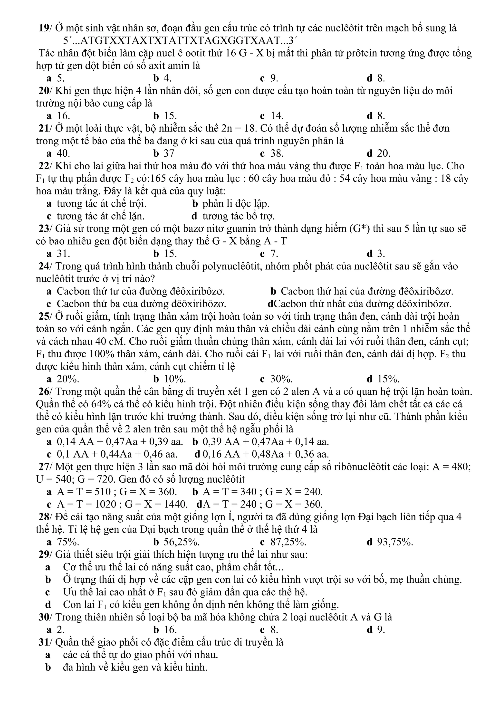 19/ Ở một sinh vật nhân sơ, đoạn đầu gen cấu trúc có trình tự các nuclêôtit trên mạch bổ sung là
5´...ATGTXXTAXTXTATTXTAGXGGTXAAT...3´
Tác nhân đột biến làm cặp nucl ê ootit thứ 16 G - X bị mất thì phân tử prôtein tương ứng được tổng
hợp tử gen đột biến có số axit amin là
a 5. b 4. c 9. d 8.
20/ Khi gen thực hiện 4 lần nhân đôi, số gen con được cấu tạo hoàn toàn từ nguyên liệu do môi
trường nội bào cung cấp là
a 16. b 15. c 14. d 8.
21/ Ở một loài thực vật, bộ nhiễm sắc thể 2n = 18. Có thể dự đoán số lượng nhiễm sắc thể đơn
trong một tế bào của thể ba đang ở kì sau của quá trình nguyên phân là
a 40. b 37 c 38. d 20.
22/ Khi cho lai giữa hai thứ hoa màu đỏ với thứ hoa màu vàng thu được F1 toàn hoa màu lục. Cho
F1 tự thụ phấn được F2 có:165 cây hoa màu lục : 60 cây hoa màu đỏ : 54 cây hoa màu vàng : 18 cây
hoa màu trắng. Đây là kết quả của quy luật:
a tương tác át chế trội. b phân li độc lập.
c tương tác át chế lặn. d tương tác bổ trợ.
23/ Giả sử trong một gen có một bazơ nitơ guanin trở thành dạng hiếm (G*) thì sau 5 lần tự sao sẽ
có bao nhiêu gen đột biến dạng thay thế G - X bằng A - T
a 31. b 15. c 7. d 3.
24/ Trong quá trình hình thành chuỗi polynuclêôtit, nhóm phốt phát của nuclêôtit sau sẽ gắn vào
nuclêôtit trước ở vị trí nào?
a Cacbon thứ tư của đường đêôxiribôzơ. b Cacbon thứ hai của đường đêôxiribôzơ.
c Cacbon thứ ba của đường đêôxiribôzơ. dCacbon thứ nhất của đường đêôxiribôzơ.
25/ Ở ruồi giấm, tính trạng thân xám trội hoàn toàn so với tính trạng thân đen, cánh dài trội hoàn
toàn so với cánh ngắn. Các gen quy định màu thân và chiều dài cánh cùng nằm trên 1 nhiễm sắc thể
và cách nhau 40 cM. Cho ruồi giấm thuần chủng thân xám, cánh dài lai với ruồi thân đen, cánh cụt;
F1 thu được 100% thân xám, cánh dài. Cho ruồi cái F1 lai với ruồi thân đen, cánh dài dị hợp. F2 thu
được kiểu hình thân xám, cánh cụt chiếm tỉ lệ
a 20%. b 10%. c 30%. d 15%.
26/ Trong một quần thể cân bằng di truyền xét 1 gen có 2 alen A và a có quan hệ trội lặn hoàn toàn.
Quần thể có 64% cá thể có kiểu hình trội. Đột nhiên điều kiện sống thay đổi làm chết tất cả các cá
thể có kiểu hình lặn trước khi trưởng thành. Sau đó, điều kiện sống trở lại như cũ. Thành phần kiểu
gen của quần thể về 2 alen trên sau một thế hệ ngẫu phối là
a 0,14 AA + 0,47Aa + 0,39 aa. b 0,39 AA + 0,47Aa + 0,14 aa.
c 0,1 AA + 0,44Aa + 0,46 aa. d 0,16 AA + 0,48Aa + 0,36 aa.
27/ Một gen thực hiện 3 lần sao mã đòi hỏi môi trường cung cấp số ribônuclêôtit các loại: A = 480;
U = 540; G = 720. Gen đó có số lượng nuclêôtit
a A = T = 510 ; G = X = 360. b A = T = 340 ; G = X = 240.
c A = T = 1020 ; G = X = 1440. dA = T = 240 ; G = X = 360.
28/ Để cải tạo năng suất của một giống lợn Ỉ, người ta đã dùng giống lợn Đại bạch liên tiếp qua 4
thế hệ. Tỉ lệ hệ gen của Đại bạch trong quần thể ở thế hệ thứ 4 là
a 75%. b 56,25%. c 87,25%. d 93,75%.
29/ Giả thiết siêu trội giải thích hiện tượng ưu thế lai như sau:
a Cơ thể ưu thế lai có năng suất cao, phẩm chất tốt...
b Ở trạng thái dị hợp về các cặp gen con lai có kiểu hình vượt trội so với bố, mẹ thuần chủng.
c Ưu thế lai cao nhất ở F1 sau đó giảm dần qua các thế hệ.
d Con lai F1 có kiểu gen không ổn định nên không thể làm giống.
30/ Trong thiên nhiên số loại bộ ba mã hóa không chứa 2 loại nuclêôtit A và G là
a 2. b 16. c 8. d 9.
31/ Quần thể giao phối có đặc điểm cấu trúc di truyền là
a các cá thể tự do giao phối với nhau.
b đa hình về kiểu gen và kiểu hình.
 