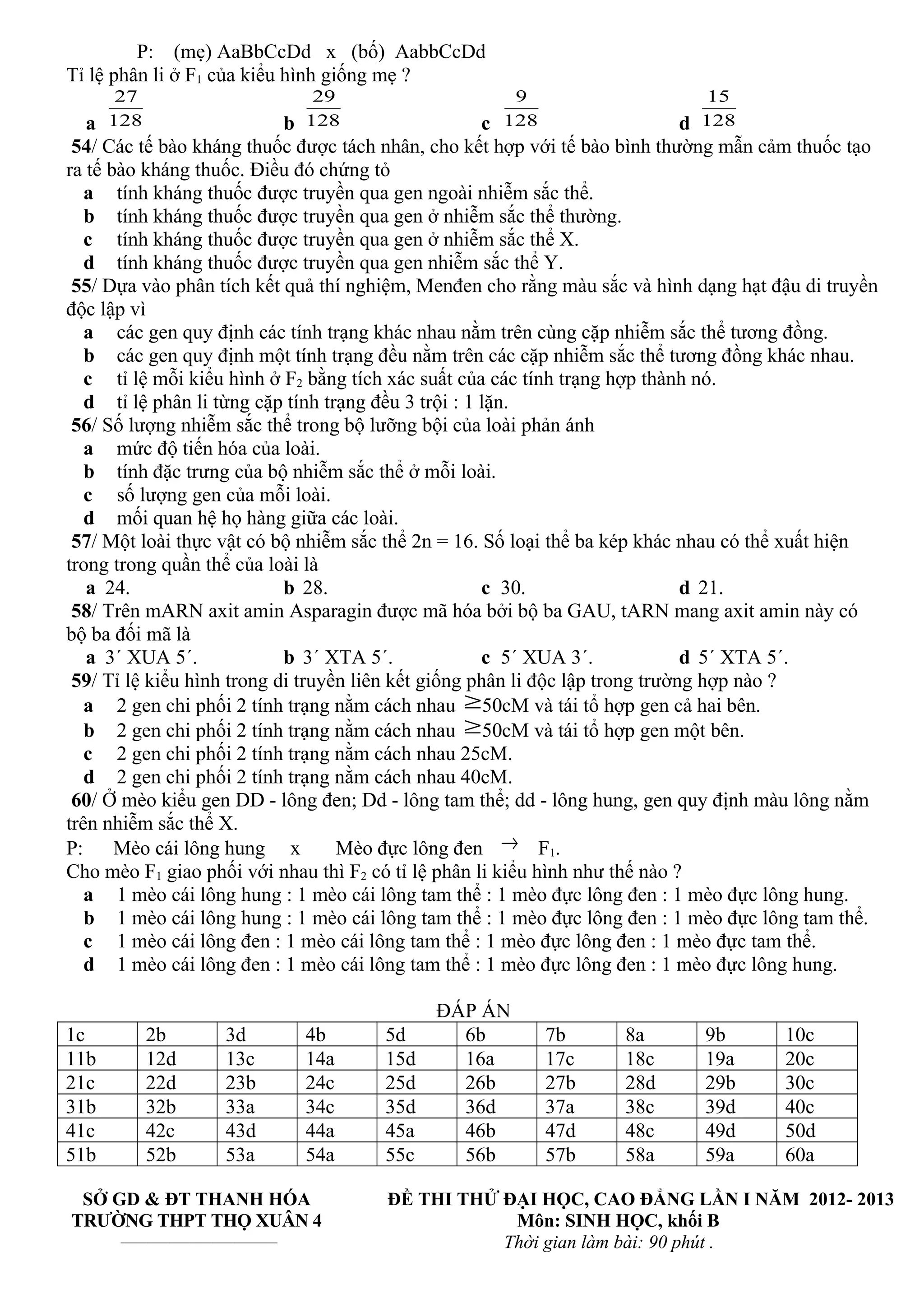 P: (mẹ) AaBbCcDd x (bố) AabbCcDd
Tỉ lệ phân li ở F1 của kiểu hình giống mẹ ?
a 128
27
b 128
29
c 128
9
d 128
15
54/ Các tế bào kháng thuốc được tách nhân, cho kết hợp với tế bào bình thường mẫn cảm thuốc tạo
ra tế bào kháng thuốc. Điều đó chứng tỏ
a tính kháng thuốc được truyền qua gen ngoài nhiễm sắc thể.
b tính kháng thuốc được truyền qua gen ở nhiễm sắc thể thường.
c tính kháng thuốc được truyền qua gen ở nhiễm sắc thể X.
d tính kháng thuốc được truyền qua gen nhiễm sắc thể Y.
55/ Dựa vào phân tích kết quả thí nghiệm, Menđen cho rằng màu sắc và hình dạng hạt đậu di truyền
độc lập vì
a các gen quy định các tính trạng khác nhau nằm trên cùng cặp nhiễm sắc thể tương đồng.
b các gen quy định một tính trạng đều nằm trên các cặp nhiễm sắc thể tương đồng khác nhau.
c tỉ lệ mỗi kiểu hình ở F2 bằng tích xác suất của các tính trạng hợp thành nó.
d tỉ lệ phân li từng cặp tính trạng đều 3 trội : 1 lặn.
56/ Số lượng nhiễm sắc thể trong bộ lưỡng bội của loài phản ánh
a mức độ tiến hóa của loài.
b tính đặc trưng của bộ nhiễm sắc thể ở mỗi loài.
c số lượng gen của mỗi loài.
d mối quan hệ họ hàng giữa các loài.
57/ Một loài thực vật có bộ nhiễm sắc thể 2n = 16. Số loại thể ba kép khác nhau có thể xuất hiện
trong trong quần thể của loài là
a 24. b 28. c 30. d 21.
58/ Trên mARN axit amin Asparagin được mã hóa bởi bộ ba GAU, tARN mang axit amin này có
bộ ba đối mã là
a 3´ XUA 5´. b 3´ XTA 5´. c 5´ XUA 3´. d 5´ XTA 5´.
59/ Tỉ lệ kiểu hình trong di truyền liên kết giống phân li độc lập trong trường hợp nào ?
a 2 gen chi phối 2 tính trạng nằm cách nhau ≥50cM và tái tổ hợp gen cả hai bên.
b 2 gen chi phối 2 tính trạng nằm cách nhau ≥50cM và tái tổ hợp gen một bên.
c 2 gen chi phối 2 tính trạng nằm cách nhau 25cM.
d 2 gen chi phối 2 tính trạng nằm cách nhau 40cM.
60/ Ở mèo kiểu gen DD - lông đen; Dd - lông tam thể; dd - lông hung, gen quy định màu lông nằm
trên nhiễm sắc thể X.
P: Mèo cái lông hung x Mèo đực lông đen → F1.
Cho mèo F1 giao phối với nhau thì F2 có tỉ lệ phân li kiểu hình như thế nào ?
a 1 mèo cái lông hung : 1 mèo cái lông tam thể : 1 mèo đực lông đen : 1 mèo đực lông hung.
b 1 mèo cái lông hung : 1 mèo cái lông tam thể : 1 mèo đực lông đen : 1 mèo đực lông tam thể.
c 1 mèo cái lông đen : 1 mèo cái lông tam thể : 1 mèo đực lông đen : 1 mèo đực tam thể.
d 1 mèo cái lông đen : 1 mèo cái lông tam thể : 1 mèo đực lông đen : 1 mèo đực lông hung.
ĐÁP ÁN
1c 2b 3d 4b 5d 6b 7b 8a 9b 10c
11b 12d 13c 14a 15d 16a 17c 18c 19a 20c
21c 22d 23b 24c 25d 26b 27b 28d 29b 30c
31b 32b 33a 34c 35d 36d 37a 38c 39d 40c
41c 42c 43d 44a 45a 46b 47d 48c 49d 50d
51b 52b 53a 54a 55c 56b 57b 58a 59a 60a
SỞ GD & ĐT THANH HÓA
TRƯỜNG THPT THỌ XUÂN 4
_____________________________
ĐỀ THI THỬ ĐẠI HỌC, CAO ĐẲNG LẦN I NĂM 2012- 2013
Môn: SINH HỌC, khối B
Thời gian làm bài: 90 phút .
 