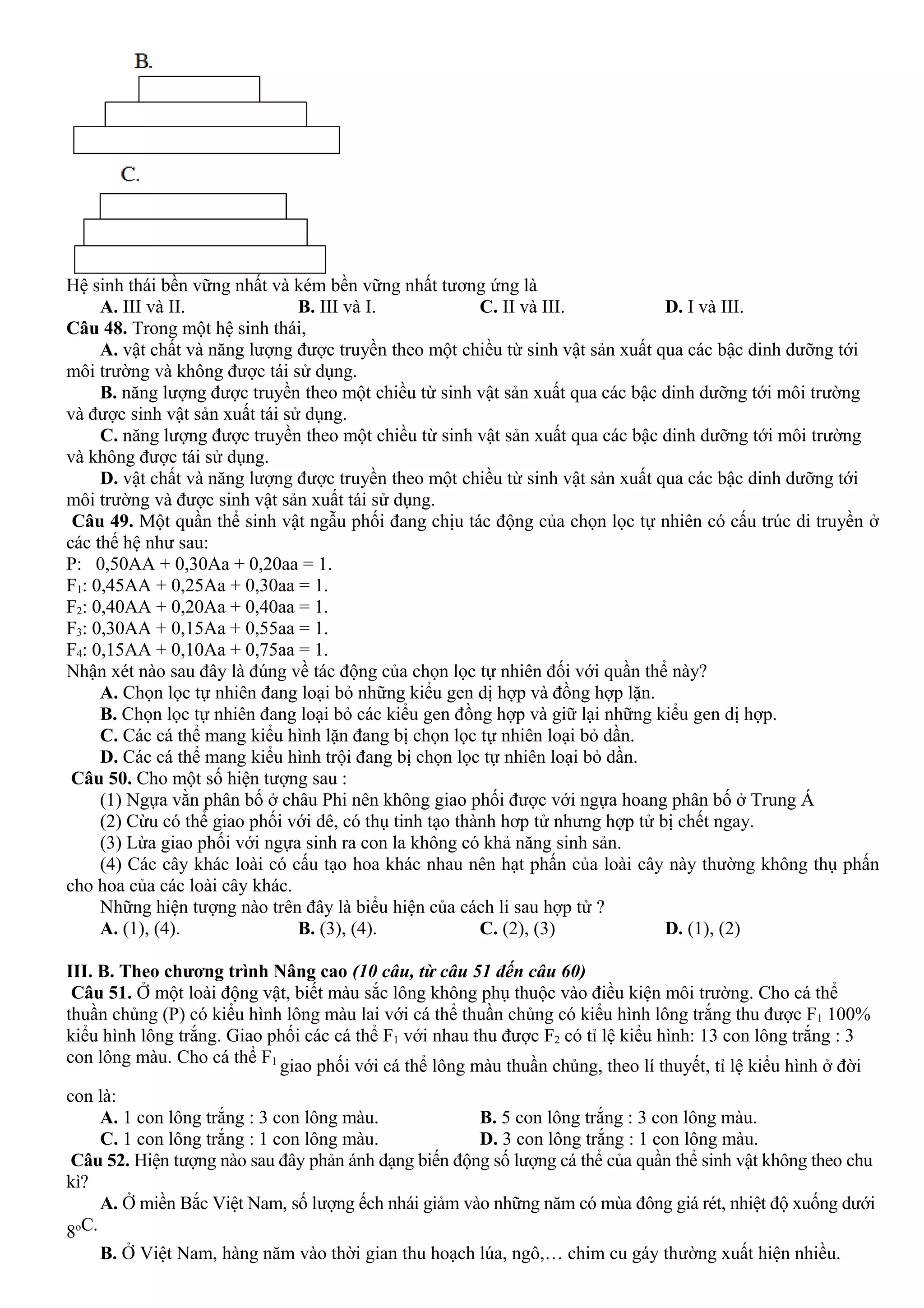 Hệ sinh thái bền vững nhất và kém bền vững nhất tương ứng là
A. III và II. B. III và I. C. II và III. D. I và III.
Câu 48. Trong một hệ sinh thái,
A. vật chất và năng lượng được truyền theo một chiều từ sinh vật sản xuất qua các bậc dinh dưỡng tới
môi trường và không được tái sử dụng.
B. năng lượng được truyền theo một chiều từ sinh vật sản xuất qua các bậc dinh dưỡng tới môi trường
và được sinh vật sản xuất tái sử dụng.
C. năng lượng được truyền theo một chiều từ sinh vật sản xuất qua các bậc dinh dưỡng tới môi trường
và không được tái sử dụng.
D. vật chất và năng lượng được truyền theo một chiều từ sinh vật sản xuất qua các bậc dinh dưỡng tới
môi trường và được sinh vật sản xuất tái sử dụng.
Câu 49. Một quần thể sinh vật ngẫu phối đang chịu tác động của chọn lọc tự nhiên có cấu trúc di truyền ở
các thế hệ như sau:
P: 0,50AA + 0,30Aa + 0,20aa = 1.
F1: 0,45AA + 0,25Aa + 0,30aa = 1.
F2: 0,40AA + 0,20Aa + 0,40aa = 1.
F3: 0,30AA + 0,15Aa + 0,55aa = 1.
F4: 0,15AA + 0,10Aa + 0,75aa = 1.
Nhận xét nào sau đây là đúng về tác động của chọn lọc tự nhiên đối với quần thể này?
A. Chọn lọc tự nhiên đang loại bỏ những kiểu gen dị hợp và đồng hợp lặn.
B. Chọn lọc tự nhiên đang loại bỏ các kiểu gen đồng hợp và giữ lại những kiểu gen dị hợp.
C. Các cá thể mang kiểu hình lặn đang bị chọn lọc tự nhiên loại bỏ dần.
D. Các cá thể mang kiểu hình trội đang bị chọn lọc tự nhiên loại bỏ dần.
Câu 50. Cho một số hiện tượng sau :
(1) Ngựa vằn phân bố ở châu Phi nên không giao phối được với ngựa hoang phân bố ở Trung Á
(2) Cừu có thể giao phối với dê, có thụ tinh tạo thành hơp tử nhưng hợp tử bị chết ngay.
(3) Lừa giao phối với ngựa sinh ra con la không có khả năng sinh sản.
(4) Các cây khác loài có cấu tạo hoa khác nhau nên hạt phấn của loài cây này thường không thụ phấn
cho hoa của các loài cây khác.
Những hiện tượng nào trên đây là biểu hiện của cách li sau hợp tử ?
A. (1), (4). B. (3), (4). C. (2), (3) D. (1), (2)
III. B. Theo chương trình Nâng cao (10 câu, từ câu 51 đến câu 60)
Câu 51. Ở một loài động vật, biết màu sắc lông không phụ thuộc vào điều kiện môi trường. Cho cá thể
thuần chủng (P) có kiểu hình lông màu lai với cá thể thuần chủng có kiểu hình lông trắng thu được F1 100%
kiểu hình lông trắng. Giao phối các cá thể F1 với nhau thu được F2 có tỉ lệ kiểu hình: 13 con lông trắng : 3
con lông màu. Cho cá thể F1
giao phối với cá thể lông màu thuần chủng, theo lí thuyết, tỉ lệ kiểu hình ở đời
con là:
A. 1 con lông trắng : 3 con lông màu. B. 5 con lông trắng : 3 con lông màu.
C. 1 con lông trắng : 1 con lông màu. D. 3 con lông trắng : 1 con lông màu.
Câu 52. Hiện tượng nào sau đây phản ánh dạng biến động số lượng cá thể của quần thể sinh vật không theo chu
kì?
A. Ở miền Bắc Việt Nam, số lượng ếch nhái giảm vào những năm có mùa đông giá rét, nhiệt độ xuống dưới
8oC.
B. Ở Việt Nam, hàng năm vào thời gian thu hoạch lúa, ngô,… chim cu gáy thường xuất hiện nhiều.
 