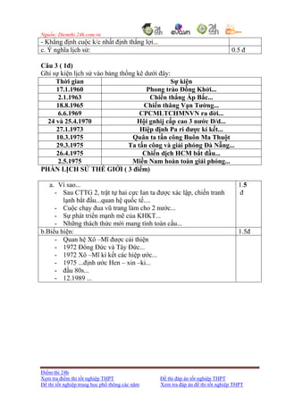 Nguồn: Diemthi.24h.com.vn
Điểm thi 24h
Xem tra điểm thi tốt nghiệp THPT Đề thi đáp án tốt nghiệp THPT
Đề thi tốt nghiệp trung học phổ thông các năm Xem tra đáp án đề thi tốt nghiệp THPT
- Khẳng định cuộc k/c nhất định thắng lợi...
c. Ý nghĩa lịch sử: 0.5 đ
Câu 3 ( 1đ)
Ghi sự kiện lịch sử vào bảng thống kê dưới đây:
Thời gian Sự kiện
17.1.1960 Phong trào Đồng Khởi...
2.1.1963 Chiến thắng Ấp Bắc...
18.8.1965 Chiến thăng Vạn Tường...
6.6.1969 CPCMLTCHMNVN ra đời...
24 và 25.4.1970 Hội gnhij cấp cao 3 nước Đ/d...
27.1.1973 Hiệp định Pa ri được kí kết...
10.3.1975 Quân ta tấn công Buôn Ma Thuột
29.3.1975 Ta tấn công và giải phóng Đà Nẵng...
26.4.1975 Chiến dịch HCM bắt đầu...
2.5.1975 Miền Nam hoàn toàn giải phóng...
PHẦN LỊCH SỬ THẾ GIỚI ( 3 điểm)
a. Vì sao...
- Sau CTTG 2, trật tự hai cực Ian ta được xác lập, chiến tranh
lạnh bắt đầu...quan hệ quốc tế....
- Cuộc chạy đua vũ trang làm cho 2 nước...
- Sự phát triển mạnh mẽ của KHKT...
- Những thách thức mới mang tính toàn cầu...
1.5
đ
b.Biểu hiện: 1.5đ
- Quan hệ Xô –Mĩ được cải thiện
- 1972 Đông Đức và Tây Đức...
- 1972 Xô –Mĩ kí kết các hiệp ước...
- 1975 ...định ước Hen – xin –ki...
- đầu 80s...
- 12.1989 ...
 