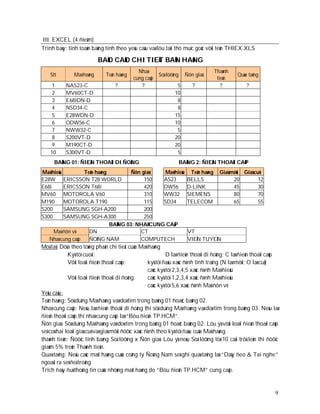 III. EXCEL (4 ñieåm)
Trình baøy: tính toaùn baûng tính theo yeâu caàu vaø löu taïi thö muïc goác vôùi teân THIEX.XLS

                           BAÙO CAÙO CHI TIEÁT BAÙN HAØNG
                                              Nhaø                                     Thaønh
    Stt        Maõ haøng       Teân haøng               Soá löôïng     Ñôn giaù                 Quøa taëng
                                            cung caáp                                   tieàn
     1      NAS23-C                ?           ?                 5        ?               ?         ?
     2      MV60CT-D                                            10
     3      E68IDN-D                                             8
     4      NSD34-C                                              8
     5      E28WDN-D                                            15
     6      ODW56-C                                             10
     7      NWW32-C                                              5
     8      S200VT-D                                            20
     9      M190CT-D                                            20
    10      S300VT-D                                             5
      BAÛNG 01: ÑIEÄN THOAÏI DI ÑOÄNG                                BAÛNG 2: ÑIEÄN THOAÏI CAÙP
Maõ hieäu         Teân haøng         Ñôn giaù   Maõ hieäu                 Teân haøng     Giaù môùi Giaù cuõ
E28W     ERICSSON T28 WORLD               150   AS23                    BELLS                  20         12
E68i     ERICSSON T68i                    420   DW56                    D-LINK                 45         30
MV60     MOTOROLA V60                     310   WW32                    SIEMENS                80         70
M190     MOTOROLA T190                    115   SD34                    TELECOM                65         55
S200     SAMSUNG SGH-A200                 200
S300     SAMSUNG SGH-A300                 250
                             BAÛNG 03: NHAØ CUNG CAÁP
    Maõ ñôn vò      DN                  CT                              VT
   Nhaø cung caáp   ÑOÀNG NAM           COMPUTECH                       VIEÃN TUYEÁN
Moâ taû: Döïa theo töøng phaàn chi tieát cuûa Maõ haøng
             Kyù töï cuoái:                                   D laø ñieän thoaïi di ñoäng; C laø ñieän thoaïi caùp
             Vôùi loaïi ñieän thoaïi caùp:           kyù töï ñaàu xaùc ñònh tình traïng (N laø môùi; O laø cuõ)
                                                     caùc kyù töï 2,3,4,5 xaùc ñònh Maõ hieäu
             Vôùi loaïi ñieän thoaïi di ñoäng:       caùc kyù töï 1,2,3,4 xaùc ñònh Maõ hieäu
                                                     caùc kyù töï 5,6 xaùc ñònh Maõ ñôn vò
Yeâu caàu:
Teân haøng: Söû duïng Maõ haøng vaø doø tìm trong baûng 01 hoaëc baûng 02.
Nhaø cung caáp : Neáu laø ñieän thoaïi di ñoäng thì söû duïng Maõ haøng vaø doø tìm trong baûng 03. Neáu laø
ñieän thoaïi caùp thì nhaø cung caáp laø “Böu ñieän TP.HCM”.
Ñôn giaù: Söû duïng Maõ haøng vaø doø tìm trong baûng 01 hoaëc baûng 02. Löu yù vôùi loaïi ñieän thoaïi caùp
seõ coù hai loaïi giaù cuõ vaø giaù môùi ñöôïc xaùc ñònh theo kyù töï ñaàu cuûa Maõ haøng.
thaønh tieàn: Ñöôïc tính baèng Soá löôïng x Ñôn giaù. Löu yù neáu Soá löôïng töø 10 caùi trôû leân thì ñöôïc
giaûm 5% treân Thaønh tieàn.
Quaø taëng: Neáu caùc maët haøng cuûa coâng ty Ñoàng Nam seõ ghi quaø taëng laø “Daây ñeo & Tai nghe”
ngoaøi ra seõ ñeå troáng.
Trích ñaày ñuû thoâng tin cuûa nhöõng maët haøng do “Böu ñieän TP.HCM” cung caáp.


                                                                                                                9
 