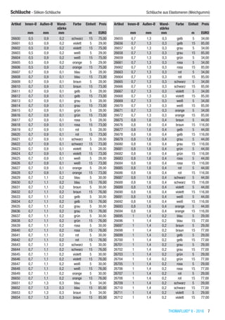 THOMAFLUID®
II - 2016  7
Schläuche - Silikon-Schläuche	 Schläuche aus Elastomeren (Weichgummi)
Artikel Innen-Ø Außen-Ø Wand-
stärke
Farbe Einheit Preis
​ mm mm mm ​ m EURO
26600 0,5 0,9 0,2 schwarz 15 75,00
26601 0,5 0,9 0,2 violett 5 29,00
26602 0,5 0,9 0,2 violett 15 75,00
26603 0,5 0,9 0,2 weiß 5 29,00
26604 0,5 0,9 0,2 weiß 15 75,00
26605 0,5 0,9 0,2 orange 5 29,00
26606 0,5 0,9 0,2 orange 15 75,00
26607 0,7 0,9 0,1 blau 5 28,00
26608 0,7 0,9 0,1 blau 15 73,00
26609 0,7 0,9 0,1 braun 5 28,00
26610 0,7 0,9 0,1 braun 15 73,00
26611 0,7 0,9 0,1 gelb 5 28,00
26612 0,7 0,9 0,1 gelb 15 73,00
26613 0,7 0,9 0,1 grau 5 28,00
26614 0,7 0,9 0,1 grau 15 73,00
26615 0,7 0,9 0,1 grün 5 28,00
26616 0,7 0,9 0,1 grün 15 73,00
26617 0,7 0,9 0,1 rosa 5 28,00
26618 0,7 0,9 0,1 rosa 15 73,00
26619 0,7 0,9 0,1 rot 5 28,00
26620 0,7 0,9 0,1 rot 15 73,00
26621 0,7 0,9 0,1 schwarz 5 28,00
26622 0,7 0,9 0,1 schwarz 15 73,00
26623 0,7 0,9 0,1 violett 5 28,00
26624 0,7 0,9 0,1 violett 15 73,00
26625 0,7 0,9 0,1 weiß 5 28,00
26626 0,7 0,9 0,1 weiß 15 73,00
26627 0,7 0,9 0,1 orange 5 28,00
26628 0,7 0,9 0,1 orange 15 73,00
26629 0,7 1,1 0,2 blau 5 30,00
26630 0,7 1,1 0,2 blau 15 76,00
26631 0,7 1,1 0,2 braun 5 30,00
26632 0,7 1,1 0,2 braun 15 76,00
26633 0,7 1,1 0,2 gelb 5 30,00
26634 0,7 1,1 0,2 gelb 15 76,00
26635 0,7 1,1 0,2 grau 5 30,00
26636 0,7 1,1 0,2 grau 15 76,00
26637 0,7 1,1 0,2 grün 5 30,00
26638 0,7 1,1 0,2 grün 15 76,00
26639 0,7 1,1 0,2 rosa 5 30,00
26640 0,7 1,1 0,2 rosa 15 76,00
26641 0,7 1,1 0,2 rot 5 30,00
26642 0,7 1,1 0,2 rot 15 76,00
26643 0,7 1,1 0,2 schwarz 5 30,00
26644 0,7 1,1 0,2 schwarz 15 76,00
26645 0,7 1,1 0,2 violett 5 30,00
26646 0,7 1,1 0,2 violett 15 76,00
26647 0,7 1,1 0,2 weiß 5 30,00
26648 0,7 1,1 0,2 weiß 15 76,00
26649 0,7 1,1 0,2 orange 5 30,00
26650 0,7 1,1 0,2 orange 15 76,00
26651 0,7 1,3 0,3 blau 5 34,00
26652 0,7 1,3 0,3 blau 15 85,00
26653 0,7 1,3 0,3 braun 5 34,00
26654 0,7 1,3 0,3 braun 15 85,00
Artikel Innen-Ø Außen-Ø Wand-
stärke
Farbe Einheit Preis
​ mm mm mm ​ m EURO
26655 0,7 1,3 0,3 gelb 5 34,00
26656 0,7 1,3 0,3 gelb 15 85,00
26657 0,7 1,3 0,3 grau 5 34,00
26658 0,7 1,3 0,3 grau 15 85,00
26659 0,7 1,3 0,3 grün 5 34,00
26661 0,7 1,3 0,3 rosa 5 34,00
26662 0,7 1,3 0,3 rosa 15 85,00
26663 0,7 1,3 0,3 rot 5 34,00
26664 0,7 1,3 0,3 rot 15 85,00
26665 0,7 1,3 0,3 schwarz 5 34,00
26666 0,7 1,3 0,3 schwarz 15 85,00
26667 0,7 1,3 0,3 violett 5 34,00
26668 0,7 1,3 0,3 violett 15 85,00
26669 0,7 1,3 0,3 weiß 5 34,00
26670 0,7 1,3 0,3 weiß 15 85,00
26671 0,7 1,3 0,3 orange 5 34,00
26672 0,7 1,3 0,3 orange 15 85,00
26675 0,8 1,6 0,4 braun 5 44,00
26676 0,8 1,6 0,4 braun 15 116,00
26677 0,8 1,6 0,4 gelb 5 44,00
26678 0,8 1,6 0,4 gelb 15 116,00
26679 0,8 1,6 0,4 grau 5 44,00
26680 0,8 1,6 0,4 grau 15 116,00
26681 0,8 1,6 0,4 grün 5 44,00
26682 0,8 1,6 0,4 grün 15 116,00
26683 0,8 1,6 0,4 rosa 5 44,00
26684 0,8 1,6 0,4 rosa 15 116,00
26685 0,8 1,6 0,4 rot 5 44,00
26686 0,8 1,6 0,4 rot 15 116,00
26687 0,8 1,6 0,4 schwarz 5 44,00
26688 0,8 1,6 0,4 schwarz 15 116,00
26689 0,8 1,6 0,4 violett 5 44,00
26690 0,8 1,6 0,4 violett 15 116,00
26691 0,8 1,6 0,4 weiß 5 44,00
26692 0,8 1,6 0,4 weiß 15 116,00
26693 0,8 1,6 0,4 orange 5 44,00
26694 0,8 1,6 0,4 orange 15 116,00
26695 1 1,4 0,2 blau 5 29,00
26696 1 1,4 0,2 blau 15 77,00
26697 1 1,4 0,2 braun 5 29,00
26698 1 1,4 0,2 braun 15 77,00
26699 1 1,4 0,2 gelb 5 29,00
26700 1 1,4 0,2 gelb 15 77,00
26701 1 1,4 0,2 grau 5 29,00
26702 1 1,4 0,2 grau 15 77,00
26703 1 1,4 0,2 grün 5 29,00
26704 1 1,4 0,2 grün 15 77,00
26705 1 1,4 0,2 rosa 5 29,00
26706 1 1,4 0,2 rosa 15 77,00
26707 1 1,4 0,2 rot 5 29,00
26708 1 1,4 0,2 rot 15 77,00
26709 1 1,4 0,2 schwarz 5 29,00
26710 1 1,4 0,2 schwarz 15 77,00
26711 1 1,4 0,2 violett 5 29,00
26712 1 1,4 0,2 violett 15 77,00
 