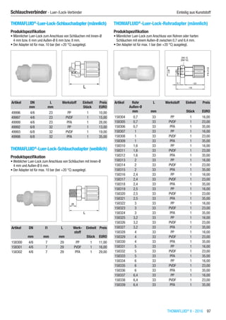 THOMAFLUID®
II - 2016  97
Schlauchverbinder - Luer-/Lock-Verbinder	 Einteilig aus Kunststoff
THOMAFLUID®
-Luer-Lock-Schlauchadapter (männlich)
Produktspezifikation
•	Männlicher Luer-Lock zum Anschluss von Schläuchen mit Innen-Ø
4 mm bzw. 6 mm und Außen-Ø 6 mm bzw. 8 mm.
•	Der Adapter ist für max. 10 bar (bei +20 °C) ausgelegt.​​
Artikel DN L Werkstoff Einheit Preis
​ mm mm ​ Stück EURO
49996 4/6 23 PP 1 10,00
49997 4/6 23 PVDF 1 15,00
49999 4/6 23 PFA 1 28,00
49992 6/8 32 PP 1 13,00
49993 6/8 32 PVDF 1 19,00
49998 6/8 32 PFA 1 35,00
THOMAFLUID®
-Luer-Lock-Schlauchadapter (weiblich)
Produktspezifikation
•	Weiblicher Luer-Lock zum Anschluss von Schläuchen mit Innen-Ø
4 mm und Außen-Ø 6 mm.
•	Der Adapter ist für max. 10 bar (bei +20 °C) ausgelegt.​​
Artikel DN l1 L Werk-
stoff
Einheit Preis
​ mm mm mm ​ Stück EURO
158300 4/6 7 29 PP 1 11,00
158301 4/6 7 29 PVDF 1 16,00
158302 4/6 7 29 PFA 1 29,00
THOMAFLUID®
-Luer-Lock-Rohradapter (männlich)
Produktspezifikation
•	Männlicher Luer-Lock zum Anschluss von Rohren oder harten
Schläuchen mit einem Außen-Ø zwischen 0,7 und 6,4 mm.
•	Der Adapter ist für max. 1 bar (bei +20 °C) ausgelegt.​​
Artikel Rohr
Außen-Ø
L Werkstoff Einheit Preis
​ mm mm ​ Stück EURO
158304 0,7 33 PP 1 16,00
158305 0,7 33 PVDF 1 23,00
158306 0,7 33 PFA 1 35,00
158307 1 33 PP 1 16,00
158308 1 33 PVDF 1 23,00
158309 1 33 PFA 1 35,00
158310 1,6 33 PP 1 16,00
158311 1,6 33 PVDF 1 23,00
158312 1,6 33 PFA 1 35,00
158313 2 33 PP 1 16,00
158314 2 33 PVDF 1 23,00
158315 2 33 PFA 1 35,00
158316 2,4 33 PP 1 16,00
158317 2,4 33 PVDF 1 23,00
158318 2,4 33 PFA 1 35,00
158319 2,5 33 PP 1 16,00
158320 2,5 33 PVDF 1 23,00
158321 2,5 33 PFA 1 35,00
158322 3 33 PP 1 16,00
158323 3 33 PVDF 1 23,00
158324 3 33 PFA 1 35,00
158325 3,2 33 PP 1 16,00
158326 3,2 33 PVDF 1 23,00
158327 3,2 33 PFA 1 35,00
158328 4 33 PP 1 16,00
158329 4 33 PVDF 1 23,00
158330 4 33 PFA 1 35,00
158331 5 33 PP 1 16,00
158332 5 33 PVDF 1 23,00
158333 5 33 PFA 1 35,00
158334 6 33 PP 1 16,00
158335 6 33 PVDF 1 23,00
158336 6 33 PFA 1 35,00
158337 6,4 33 PP 1 16,00
158338 6,4 33 PVDF 1 23,00
158339 6,4 33 PFA 1 35,00
 