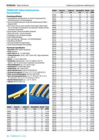 10  THOMAFLUID®
II - 2016
Schläuche - Silikon-Schläuche	 Schläuche aus Elastomeren (Weichgummi)
THOMAFLUID®
-Silikon-Hochtemperatur-
Chemieschlauch
Produktspezifikation
•	Superelastischer Spezialschlauch für extreme Einsatzzwecke bei
Höchsttemperaturen und Dauerbelastung
•	Auch bei Höchsttemperaturen erfolgt keine Veränderung der Materi-
aleigenschaften
•	Das Produkt wird aus einem besonders hochwertigen Silikon-Elasto-
mer nur extrudiert und vulkanisiert. Die Vulkanisate enthalten keinerlei
extrahierbare Bestandteile
•	Hervorragende, überdurchschnittliche Elastizität
•	Völlig geschmacks- und geruchsneutral
•	Physiologisch inert und körperverträglich
•	Beste Kältebeständigkeit
•	Sehr gute Alterungs-,Witterungs- und Ozonbeständigkeit
•	Antiadhäsive Oberfläche
•	Sehr gute dielektrische Eigenschaften
•	Große Gasdurchlässigkeit (Permeabilität)
Technische Spezifikation
•	Werkstoff: Silikon (Silikon-Kautschuk)
•	Farbe: elfenbein
•	Shore-Härte A: 60° ±5° (DIN 53505)
•	Temperaturbereich: -60 bis +300 °C (kein 24h/7-Tage-Dauerbetrieb
bei +300 °C)
•	Dichte: 1,17 g/cm3
(DIN 53479)
•	Sterilisation: autoklavierbar (+136 °C); Heißluft (+250 °C);
Dampf (+136 °C); Gas (Formalin, Ethylenoxid); Gammastrahlen
•	Wärmeleitfähigkeit: 0,6 x 10-3
cal/cm/°C/sec.
•	Reißfestigkeit: 10,4 MPa (DIN 53504)
•	Reißdehnung: 390 % (DIN 53504)
•	Weiterreißwiderstand: 20 N/mm (ASTM D624 B)
•	Druckverformungsrest: 50 % bei +175 °C / 22 h (DIN ISO 815)
•	Elektr. Durchschlagfestigkeit: 20 kV/mm (VDE 0303)
•	Spez. Durchgangswiderstand: 4,2 x 1015
Ohm/cm3
/+20 °C; 2,6 x
1013
Ohm/cm3
/+130 °C; 5,2 x 1012
Ohm/cm3
/+180 °C
•	Dielektrizitätskonstante: 3,2 / +20 °C / 800 Hz
•	Toleranz: DIN ISO 3302-1 E2​​
Artikel Innen-Ø Außen-Ø Wandstärke Einheit Preis
​ mm mm mm m EURO
28686 0,3 0,7 0,2 5 17,00
28687 0,3 0,7 0,2 15 39,00
48167 0,3 0,7 0,2 25 64,00
28689 0,5 0,9 0,2 5 17,00
28690 0,5 0,9 0,2 15 39,00
48168 0,5 0,9 0,2 25 64,00
28691 0,7 1,1 0,2 5 17,00
28692 0,7 1,1 0,2 15 39,00
48169 0,7 1,1 0,2 25 64,00
28693 0,8 1,6 0,4 5 19,00
Artikel Innen-Ø Außen-Ø Wandstärke Einheit Preis
​ mm mm mm m EURO
28694 0,8 1,6 0,4 15 43,00
48170 0,8 1,6 0,4 25 69,00
28695 1 1,4 0,2 5 19,00
28696 1 1,4 0,2 15 43,00
48171 1 1,4 0,2 25 69,00
28697 1 1,8 0,4 5 19,00
28698 1 1,8 0,4 15 43,00
48172 1 1,8 0,4 25 69,00
28699 1 3 1 5 26,00
28700 1 3 1 15 63,00
48173 1 3 1 25 103,00
28701 1 4 1,5 5 37,00
28702 1 4 1,5 15 87,00
48174 1 4 1,5 25 139,00
28703 1,5 1,9 0,2 5 22,00
28704 1,5 1,9 0,2 15 53,00
48175 1,5 1,9 0,2 25 82,00
28705 1,5 2,3 0,4 5 24,00
28706 1,5 2,3 0,4 15 57,00
48176 1,5 2,3 0,4 25 90,00
28707 1,5 3,5 1 5 37,00
28708 1,5 3,5 1 15 87,00
48177 1,5 3,5 1 25 139,00
28709 2 2,4 0,2 5 27,00
28710 2 2,4 0,2 15 64,00
48178 2 2,4 0,2 25 95,00
28711 2 2,8 0,4 5 29,00
28712 2 2,8 0,4 15 68,00
48179 2 2,8 0,4 25 97,00
28713 2 4 1 5 37,00
28714 2 4 1 15 87,00
48180 2 4 1 25 139,00
28715 2 5 1,5 5 46,00
28716 2 5 1,5 15 112,00
48181 2 5 1,5 25 169,00
28717 2,5 3,5 0,5 5 30,00
28718 2,5 3,5 0,5 15 71,00
48182 2,5 3,5 0,5 25 105,00
28719 2,5 4,5 1 5 46,00
28720 2,5 4,5 1 15 112,00
48183 2,5 4,5 1 25 169,00
28721 2,5 5,5 1,5 5 51,00
28722 2,5 5,5 1,5 15 122,00
48184 2,5 5,5 1,5 25 182,00
28723 3 3,8 0,4 5 34,00
28724 3 3,8 0,4 15 80,00
48185 3 3,8 0,4 25 120,00
28725 3 5 1 5 48,00
28726 3 5 1 15 117,00
48186 3 5 1 25 174,00
28727 3 6 1,5 5 55,00
28728 3 6 1,5 15 131,00
48187 3 6 1,5 25 187,00
28729 3 7 2 5 66,00
28730 3 7 2 15 158,00
48188 3 7 2 25 234,00
 