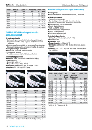 12  THOMAFLUID®
II - 2016
Schläuche - Silikon-Schläuche	 Schläuche aus Elastomeren (Weichgummi)
Artikel Innen-Ø Außen-Ø Wandstärke Einheit Preis
​ mm mm mm m EURO
28806 13 17 2 15 248,00
48226 13 17 2 25 357,00
28807 14 16 1 5 113,00
28808 14 16 1 15 248,00
48227 14 16 1 25 357,00
28809 14 18 2 5 121,00
28810 14 18 2 15 264,00
48228 14 18 2 25 396,00
THOMAFLUID®
-Silikon-Pumpenschlauch -
zöllig, platinvernetzt
Produktspezifikation
•	Zur Herstellung wird ausschließlich hochwertiges, platinkatalysier-
tes (additionsvernetztes) Silikon eingesetzt. Das Produkt ist somit
„peroxidfrei“.
•	Ausgezeichnete Biokompatibilität; es werden keine Zusatzstoffe oder
Weichmacher ausgewaschen, geruchlos und ungiftig, Pilz-resistent.
•	Sehr gut bei niedrigen Temperaturen.
•	Wetter, Ozon, Corona, und strahlungsresistent.
•	Hervorragende Elastizität
•	Antiadhäsive (abstoßende) Oberflächenbeschaffenheit
Technische Spezifikation
•	Werkstoff: Silikon (Silikon-Kautschuk, Masterflex®
-6410)
•	Farbe: transluzent
•	Shore-Härte A: 55° ±5°
•	Temperaturbereich: -51 bis +232 °C
•	Sterilisation: autoklavierbar (+136 °C); Heißluft (+160 °C)
•	Regelwerk: FDA §177.2600, USP Class VI​​
Artikel Innen-Ø Außen-Ø Einheit1
Preis
​ mm mm m EURO
971331 0,8 4 1 32,00
971332 0,8 4 15 193,00
971341 1,6 4,8 1 36,00
971342 1,6 4,8 15 212,00
971351 4,8 9,5 1 46,00
971352 4,8 9,5 15 285,00
971361 3,2 6,4 1 46,00
971362 3,2 6,4 15 247,00
971371 6,4 9,5 1 46,00
971372 6,4 9,5 15 257,00
971381 7,9 11,1 1 64,00
971382 7,9 11,1 15 361,00
1
15-m-Einheit besteht aus 2 Rollen Masterflex®
mit jeweils 7,5 m
Puri-Flex®
-Pumpenschlauch (auf Silikonbasis)
Einsatzgebiet
•	Biotechnik, Pharmazie, Nahrungsmitteltechnologie, Labortechnik
Produktspezifikation
•	Für hochreine Anwendungen
•	Sehr langlebig und flexibel, ideal für dauerhaften Einsatz
•	Enthält keine DEHP-Phthalate oder halogene Weichmacher
•	Außergewöhnliche Zug- und Reißfestigkeit
•	Geringe Gasdurchlässigkeit
•	RoHS- und REACH-konform
•	Thermisch schweiß- und plombierbar
•	Geringe Partikelabspaltung
•	Gute chemische Beständigkeit
Technische Spezifikation
•	Werkstoff: auf Silikonbasis (Masterflex®
-6419)
•	Farbe: transluzent
•	Shore-Härte A: 68°
•	Temperaturbereich: -50 bis +135 °C
•	Sterilisation: autoklavierbar (+135 °C); Gas (Ethylenoxid), Gamma-
Strahlen
•	Regelwerk: FDA 21 §177.2600, USP Class VI, ISO 10993 Part 4 und
Part 5, ISO 9001​​
Artikel Innen-
Ø
Außen-
Ø
max.
Betr.-
Druck1
max.
Durchfluss
Flüssigkeiten2
Einheit Preis
​ mm mm bar ml/min. m EURO
971501 0,8 4 2,7 36 1 23,00
971502 0,8 4 2,7 36 7,5 138,00
971511 1,6 4,8 2,7 130 1 24,00
971512 1,6 4,8 2,7 130 7,5 140,00
971521 3,2 6,4 2,7 480 1 25,00
971522 3,2 6,4 2,7 480 7,5 143,00
971531 4,8 7,9 2,7 1.000 1 27,00
971532 4,8 7,9 2,7 1.000 7,5 154,00
971541 6,4 9,5 1,4 1.700 1 30,00
971542 6,4 9,5 1,4 1.700 7,5 171,00
971551 7,9 11,1 1 2.300 1 41,00
971552 7,9 11,1 1 2.300 7,5 233,00
1
Luft (+20 °C) 2
Wasser (+22 °C)
 