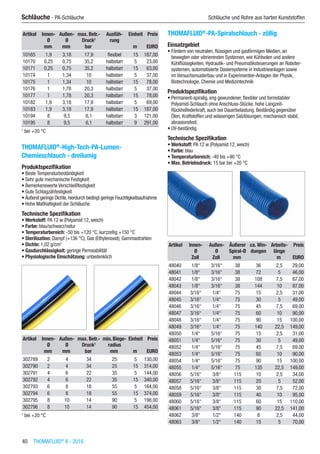 40  THOMAFLUID®
II - 2016
Schläuche - PA-Schläuche	 Schläuche und Rohre aus harten Kunststoffen
Artikel Innen-
Ø
Außen-
Ø
max. Betr.-
Druck1
Ausfüh-
rung
Einheit Preis
​ mm mm bar ​ m EURO
10165 1,9 3,18 17,9 flexibel 15 187,00
10170 0,25 0,75 35,2 halbstarr 5 23,00
10171 0,25 0,75 35,2 halbstarr 15 63,00
10174 1 1,34 10 halbstarr 5 37,00
10175 1 1,34 10 halbstarr 15 78,00
10176 1 1,78 20,3 halbstarr 5 37,00
10177 1 1,78 20,3 halbstarr 15 78,00
10182 1,9 3,18 17,9 halbstarr 5 69,00
10183 1,9 3,18 17,9 halbstarr 15 187,00
10194 8 9,5 6,1 halbstarr 3 121,00
10195 8 9,5 6,1 halbstarr 9 291,00
1
bei +20 °C
THOMAFLUID®
-High-Tech-PA-Lumen-
Chemieschlauch - dreilumig
Produktspezifikation
•	Beste Temperaturbeständigkeit
•	Sehr gute mechanische Festigkeit
•	Bemerkenswerte Verschleißfestigkeit
•	Gute Schlagzähfestigkeit
•	Äußerst geringe Dichte,hierdurch bedingt geringe Feuchtigkeitsaufnahme
•	Hohe Maßhaltigkeit der Schläuche
Technische Spezifikation
•	Werkstoff: PA 12 w (Polyamid 12, weich)
•	Farbe: blau/schwarz/natur
•	Temperaturbereich: -50 bis +120 °C, kurzzeitig +150 °C
•	Sterilisation: Dampf (+136 °C); Gas (Ethylenoxid); Gammastrahlen
•	Dichte: 1,02 g/cm3
•	Gasdurchlässigkeit: geringe Permeabilität
•	Physiologische Einschätzung: unbedenklich​​
Artikel Innen-
Ø
Außen-
Ø
max. Betr.-
Druck1
min. Biege-
radius
Einheit Preis
​ mm mm bar mm m EURO
302789 2 4 34 25 5 130,00
302790 2 4 34 25 15 314,00
302791 4 6 22 35 5 144,00
302792 4 6 22 35 15 340,00
302793 6 8 18 55 5 164,00
302794 6 8 18 55 15 374,00
302795 8 10 14 90 5 198,00
302796 8 10 14 90 15 454,00
1
bei +20 °C
THOMAFLUID®
-PA-Spiralschlauch - zöllig
Einsatzgebiet
•	Fördern von neutralen, flüssigen und gasförmigen Medien, an
bewegten oder vibrierenden Systemen, wie Kühlsolen und andere
Kühlflüssigkeiten, Hydraulik- und Pneumatiksteuerungen an Roboter-
systemen, automatisierte Dosiersysteme in Industrieanlagen sowie
im Versuchsmusterbau und in Experimentier-Anlagen der Physik,
Biotechnologie, Chemie und Medizintechnik
Produktspezifikation
•	Permanent-spiralig, eng gewundener, flexibler und formstabiler
Polyamid-Schlauch ohne Anschluss-Stücke, hohe Langzeit-
Rückholfederkraft, auch bei Dauerbelastung. Beständig gegenüber
Ölen, Kraftstoffen und wässerigen Salzlösungen; mechanisch stabil,
abrasionsfest.
•	UV-beständig.
Technische Spezifikation
•	Werkstoff: PA 12 w (Polyamid 12, weich)
•	Farbe: blau
•	Temperaturbereich: -40 bis +90 °C
•	Max. Betriebsdruck: 15 bar bei +20 °C​​
Artikel Innen-
Ø
Außen-
Ø
Äußerer
Spiral-Ø
ca. Win-
dungen
Arbeits-
länge
Preis
​ Zoll Zoll mm ​ m EURO
48040 1/8“ 3/16“ 38 36 2,5 29,00
48041 1/8“ 3/16“ 38 72 5 46,00
48042 1/8“ 3/16“ 38 108 7,5 67,00
48043 1/8“ 3/16“ 38 144 10 87,00
48044 3/16“ 1/4“ 75 15 2,5 31,00
48045 3/16“ 1/4“ 75 30 5 49,00
48046 3/16“ 1/4“ 75 45 7,5 69,00
48047 3/16“ 1/4“ 75 60 10 90,00
48048 3/16“ 1/4“ 75 90 15 100,00
48049 3/16“ 1/4“ 75 140 22,5 149,00
48050 1/4“ 5/16“ 75 15 2,5 31,00
48051 1/4“ 5/16“ 75 30 5 49,00
48052 1/4“ 5/16“ 75 45 7,5 69,00
48053 1/4“ 5/16“ 75 60 10 90,00
48054 1/4“ 5/16“ 75 90 15 100,00
48055 1/4“ 5/16“ 75 135 22,5 149,00
48056 5/16“ 3/8“ 115 10 2,5 34,00
48057 5/16“ 3/8“ 115 20 5 52,00
48058 5/16“ 3/8“ 115 30 7,5 72,00
48059 5/16“ 3/8“ 115 40 10 95,00
48060 5/16“ 3/8“ 115 60 15 110,00
48061 5/16“ 3/8“ 115 90 22,5 141,00
48062 3/8“ 1/2“ 140 8 2,5 44,00
48063 3/8“ 1/2“ 140 15 5 70,00
 
