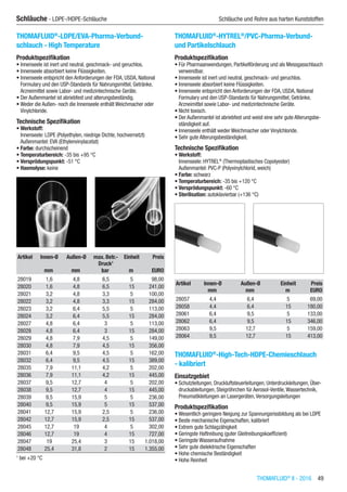 THOMAFLUID®
II - 2016  49
Schläuche - LDPE-/HDPE-Schläuche	 Schläuche und Rohre aus harten Kunststoffen
THOMAFLUID®
-LDPE/EVA-Pharma-Verbund-
schlauch - High Temperature
Produktspezifikation
•	Innenseele ist inert und neutral, geschmack- und geruchlos.
•	Innenseele absorbiert keine Flüssigkeiten.
•	Innenseele entspricht den Anforderungen der FDA, USDA, National
Formulary und den USP-Standards für Nahrungsmittel, Getränke,
Arzneimittel sowie Labor- und medizintechnische Geräte.
•	Der Außenmantel ist abriebfest und alterungsbeständig.
•	Weder die Außen- noch die Innenseele enthält Weichmacher oder
Vinylchloride.
Technische Spezifikation
•	Werkstoff:
Innenseele: LDPE (Polyethylen, niedrige Dichte, hochvernetzt)
Außenmantel: EVA (Ethylenvinylacetat)
•	Farbe: durchscheinend
•	Temperaturbereich: -35 bis +95 °C
•	Versprödungspunkt: -51 °C
•	Haemolyse: keine​​
Artikel Innen-Ø Außen-Ø max. Betr.-
Druck1
Einheit Preis
​ mm mm bar m EURO
28019 1,6 4,8 6,5 5 98,00
28020 1,6 4,8 6,5 15 241,00
28021 3,2 4,8 3,3 5 100,00
28022 3,2 4,8 3,3 15 284,00
28023 3,2 6,4 5,5 5 113,00
28024 3,2 6,4 5,5 15 284,00
28027 4,8 6,4 3 5 113,00
28028 4,8 6,4 3 15 284,00
28029 4,8 7,9 4,5 5 149,00
28030 4,8 7,9 4,5 15 356,00
28031 6,4 9,5 4,5 5 162,00
28032 6,4 9,5 4,5 15 389,00
28035 7,9 11,1 4,2 5 202,00
28036 7,9 11,1 4,2 15 445,00
28037 9,5 12,7 4 5 202,00
28038 9,5 12,7 4 15 445,00
28039 9,5 15,9 5 5 236,00
28040 9,5 15,9 5 15 537,00
28041 12,7 15,9 2,5 5 236,00
28042 12,7 15,9 2,5 15 537,00
28045 12,7 19 4 5 302,00
28046 12,7 19 4 15 727,00
28047 19 25,4 3 15 1.018,00
28048 25,4 31,8 2 15 1.355,00
1
bei +20 °C
THOMAFLUID®
-HYTREL®
/PVC-Pharma-Verbund-
und Partikelschlauch
Produktspezifikation
•	Für Pharmaanwendungen, Partikelförderung und als Messgasschlauch
verwendbar.
•	Innenseele ist inert und neutral, geschmack- und geruchlos.
•	Innenseele absorbiert keine Flüssigkeiten.
•	Innenseele entspricht den Anforderungen der FDA, USDA, National
Formulary und den USP-Standards für Nahrungsmittel, Getränke,
Arzneimittel sowie Labor- und medizintechnische Geräte.
•	Nicht toxisch.
•	Der Außenmantel ist abriebfest und weist eine sehr gute Alterungsbe-
ständigkeit auf.
•	Innenseele enthält weder Weichmacher oder Vinylchloride.
•	Sehr gute Alterungsbeständigkeit.
Technische Spezifikation
•	Werkstoff:
Innenseele: HYTREL®
(Thermoplastisches Copolyester)
Außenmantel: PVC-P (Polyvinylchlorid, weich)
•	Farbe: schwarz
•	Temperaturbereich: -35 bis +120 °C
•	Versprödungspunkt: -60 °C
•	Sterilisation: autoklavierbar (+136 °C)​​
Artikel Innen-Ø Außen-Ø Einheit Preis
​ mm mm m EURO
28057 4,4 6,4 5 69,00
28058 4,4 6,4 15 180,00
28061 6,4 9,5 5 133,00
28062 6,4 9,5 15 346,00
28063 9,5 12,7 5 159,00
28064 9,5 12,7 15 413,00
THOMAFLUID®
-High-Tech-HDPE-Chemieschlauch
- kalibriert
Einsatzgebiet
•	Schutzleitungen, Druckluftsteuerleitungen, Unterdruckleitungen, Über-
druckableitungen, Steigröhrchen für Aerosol-Ventile,Wassertechnik,
Pneumatikleitungen an Lasergeräten,Versorgungsleitungen
Produktspezifikation
•	Wesentlich geringere Neigung zur Spannungsrissbildung als bei LDPE
•	Beste mechanische Eigenschaften, kalibriert
•	Extrem gute Schlagzähigkeit
•	Geringste Haftreibung (guter Gleitreibungskoeffizient)
•	Geringste Wasseraufnahme
•	Sehr gute dielektrische Eigenschaften
•	Hohe chemische Beständigkeit
•	Hohe Reinheit
 