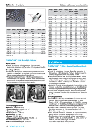 58  THOMAFLUID®
II - 2016
Schläuche - PI-Schläuche	 Schläuche und Rohre aus harten Kunststoffen
Artikel Innen-
Ø
Außen-
Ø
min. Biege-
radius
Platz-
druck1
Einheit Preis
​ mm mm mm bar m EURO
334230 2 3 15 57 5 106,00
334231 2 3 15 57 10 188,00
334232 4 6 25 57 3 188,00
334233 4 6 25 57 6 362,00
334234 6 8 50 41 2 178,00
334235 6 8 50 41 4 318,00
334236 8 10 80 32 2 228,00
334237 8 10 80 32 4 436,00
334238 10 12 130 27 2 276,00
334239 10 12 130 27 4 498,00
1
bei +23 °C
THOMAFLUID®
-High-Tech-PFA-Wellrohr
Einsatzgebiet
•	Flexible Verbindungen an beweglichen und Erschütterungen
ausgesetzten Apparaturen und Aggregaten in Forschung und Industrie.
Produktspezifikation
•	Hochflexibles, freitragendes und formbeständiges Wellrohr aus trans-
parentem Perfluoralkoxy-Copolymer PFA/TFA mit konzentrisch um die
Längsachse angeordneten, kreisförmigen Wellen.
•	Temperaturbelastbar, strahlungs- und witterungsbeständig sowie
chemikalienfest, auch gegenüber korrosiven Stoffen und Lösemitteln.
ausgenommen höher halogenierte Kohlenwasserstoffe und Aromaten;
frei von auslaugbaren Bestandteilen, biokompatibel.​
Technische Spezifikation
•	Werkstoff: PFA (Perfluoralkoxy)
•	Temperaturbereich: -200 bis +250 °C
•	Dichte: 2,12 - 2,17 g/cm3
•	Reißfestigkeit: 15 - 32 N/mm2
•	Reißdehnung: 200 - 400 %
•	E-Modul: 200 - 800 N/mm2
•	Längenausdehnungskoeffizient: 1,2 - 1,7 x 10-5
x K-1
•	Wärmeleitfähigkeit: 0,22 - 0,25 W/mK
•	Elektr. Durchschlagfestigkeit: >20 kV/mm
Artikel Nenn-
weite
Innen-
Ø
Außen-
Ø
Wand-
stärke
min.
Biege-
radius
Einheit Preis
​ mm mm mm mm mm m EURO
48286 8 7,7 10,7 2,2 15 1 56,00
48287 8 7,7 10,7 2,2 15 5 160,00
48288 8 7,7 10,7 2,2 15 10 263,00
48289 10 9,7 13 2,2 18 1 61,00
48290 10 9,7 13 2,2 18 5 172,00
48291 10 9,7 13 2,2 18 10 284,00
48292 13 12,4 16,1 3,1 23 1 84,00
48293 13 12,4 16,1 3,1 23 5 240,00
48294 13 12,4 16,1 3,1 23 10 395,00
48295 14 13,7 17,8 3,1 25 1 94,00
48296 14 13,7 17,8 3,1 25 5 270,00
48297 14 13,7 17,8 3,1 25 10 446,00
48298 16 15,4 19,7 3,1 28 1 119,00
48299 16 15,4 19,7 3,1 28 5 338,00
48300 16 15,4 19,7 3,1 28 10 557,00
48301 17 16,5 21,1 3,5 30 1 119,00
48302 17 16,5 21,1 3,5 30 5 338,00
48303 18 18,4 23,1 3,5 32 1 132,00
48304 18 18,4 23,1 3,5 32 5 375,00
48305 21 19,8 24,8 3,5 35 1 143,00
48306 21 19,8 24,8 3,5 35 5 405,00
PI-Schläuche
THOMAFLUID®
-PI-Mikro-Spezial-Kapillarschlauch
Einsatzgebiet
•	Chemie: für korrosive und aggressive Medien, für Laborsonden, für
Mikroanalysen und Titrationsgeräte. Fluid- und Gasstromtransport in
chemisch-analytischen und bio-medizinischen Geräten.
•	Elektronik und Elektrotechnik:Verbindung von Mikrokabeln; Isolation
von Mikrokabeln (Coax-Leitungen); Seelenisolation von Mikro-Koaxi-
alkabeln; Hochtemperatur-Isolation; Mikro-Spulenkörper; Hülle und
Einschubkanal für Mikro-Glasfaser-(Laser-) Optik; Mikro-Sensoren;
Präzisions-Mikro-Schleifringe
•	Kerntechnik: Einsatz in Geräten mit maximaler Packungsdichte, zur Ver-
ringerung des Gewichtes sowie zur Anwendung, bei denen Strahlungen
mit hohen Energiedichten auftreten (Kernstrahlung, Röntgenstrahlung).
•	Feinmechanik: Mikro-Kabelzug-Hülsen; Magnetbandkassetten-Leit-
pfosten; Hitzeschutz; Rollenüberzüge; Mikroleitungen für Flüssigkeiten
(z. B.Tinte)
Produktspezifikation
•	Polyimid-Mikro-Schlauch ist absolut nahtlos und porenfrei. Er weist
geringste Innendurchmesser wie auch Wandstärken auf, die im
Bereich 0,08 bis 1,151 mm einerseits bzw. 0,013 bis 0,051 mm ande-
rerseits liegen. Die Wandsteifigkeit ist überproportional groß, dennoch
kann der Schlauch federnd zu kleinen Radien gebogen werden.
•	PI-Mikro-Schlauch ist chemisch resistent und findet in der Regel
überall dort Anwendung, wo Fluorkunststoffschläuche (z. B. PTFE-
Schlauch) bevorzugt werden.
•	Seine chemische Resistenz in Kombination mit seiner mechanischen,
elektrischen und thermischen Beständigkeit ist unübertroffen.
•	Beim Überhitzen ergeben sich keinerlei toxische Dekompositions-
produkte, wie dies z.B. bei Fluorkunststoffen der Fall ist, was hier zur
Folge hat, dass viele Anwendungen ausscheiden.
Bei PI-Mikro-Schläuchen ist dies nicht der Fall.
 