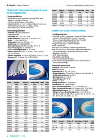 4  THOMAFLUID®
II - 2016
Schläuche - Silikon-Schläuche	 Schläuche aus Elastomeren (Weichgummi)
THOMAFLUID®
-Silikon-Mikro-Spaghetti-Schlauch
für die Analysentechnik
Produktspezifikation
•	Außergewöhnlich widerstandsfähig gegenüber Säuren sowie
alkalischen und anderen Lösungen.
•	Extrudiert aus erstklassigem, reinem Silikon.
•	Ständige Kontrollen der inneren und äußeren Durchmesser sowie
der Wandstärke gewährleisten eine stetige Leistung.
•	Physiologisch in jeder Hinsicht unbedenklich.
Technische Spezifikation
•	Werkstoff: Silikon, MVQ (Polysiloxan)
•	Farbe: transparent
•	Shore-Härte A: 62° ±5° (DIN 53505)
•	Temperaturbereich: -60 bis +200 °C, kurzzeitig +250 °C
•	Dichte: 1,14 g/cm3
(DIN 53749)
•	Reißfestigkeit: 11 N/mm2
(DIN 53504 S1)
•	Reißdehnung: 385 % (DIN 53504 S1)
•	Weiterreißwiderstand: 21 N/mm2
(ASTM D 624 Die B)
•	Druckverformungsrest: 35 % (DIN 53517)
•	Elektr. Durchschlagfestigkeit: ca. 29 KV/mm
•	Toleranz Innen-Ø: bis 2 mm: ±0,15 mm; 2-5 mm: ±0,2 mm;
5-12 mm: ±0,3 mm
•	Toleranz Wandstärke: bis 3,5 mm: ±0,1 mm; 4-12 mm: ±0,15 mm
•	Regelwerk: BfR XV Silicone, FDA 21 CFR177.2600​​
Artikel Innen-Ø Außen-Ø Wandstärke Einheit Preis
​ mm mm mm m EURO
339043 0,635 2,464 0,914 5 81,00
339044 0,635 2,464 0,914 10 135,00
339045 0,762 2,438 0,838 5 81,00
339046 0,762 2,438 0,838 10 135,00
339047 0,889 2,565 0,838 5 81,00
339048 0,889 2,565 0,838 10 135,00
339049 1,016 2,692 0,838 5 81,00
339050 1,016 2,692 0,838 10 135,00
339051 1,143 2,819 0,838 5 81,00
339052 1,143 2,819 0,838 10 135,00
339053 1,295 2,972 0,838 5 81,00
339054 1,295 2,972 0,838 10 135,00
339055 1,422 3,099 0,838 5 81,00
339056 1,422 3,099 0,838 10 135,00
339057 1,524 3,2 0,838 5 81,00
339058 1,524 3,2 0,838 10 135,00
339059 1,651 3,327 0,838 5 81,00
339060 1,651 3,327 0,838 10 135,00
339061 1,854 3,531 0,838 5 81,00
339062 1,854 3,531 0,838 10 135,00
339063 2,057 3,734 0,838 5 81,00
339064 2,057 3,734 0,838 10 135,00
Artikel Innen-Ø Außen-Ø Wandstärke Einheit Preis
​ mm mm mm m EURO
339065 2,286 3,962 0,838 5 81,00
339066 2,286 3,962 0,838 10 135,00
339067 2,54 4,216 0,838 5 81,00
339068 2,54 4,216 0,838 10 135,00
339069 2,794 4,47 0,838 5 81,00
339070 2,794 4,47 0,838 10 135,00
THOMAFLUID®
-Silikon-Analysenschlauch
Produktspezifikation
•	Hergestellt, gespritzt, aus besonders hochwertigem Silikon-Elastomer
zweifach im Umlaufofen 20 Std. bei +20 °C getempert
•	Absolut homogene Qualität, gepaart mit hoher Flexibilität
•	Physiologisch in jeder Hinsicht unbedenklich
•	Ausgezeichnete Wärme- und Heißluftstabilität
•	Beste Kälteflexibilität
•	Sehr gute Ozon-,Alterungs- und Witterungsbeständigkeit
•	Sehr gute dielektrische Eigenschaften; besonders auf elektrische
Durchschlagsfestigkeit unter feuchten Bedingungen geprüft
•	Antiadhäsive Oberfläche
•	Große Gasdurchlässigkeit
•	Gute Strahlenbeständigkeit
•	Hohe elektrische Isolationsfähigkeit
•	Große Widerstandsfähigkeit gegenüber einem breiten Spektrum
chemischer Verbindungen
Technische Spezifikation
•	Werkstoff: Silikon (Silikon-Kautschuk)
•	Farbe: transparent
•	Shore-Härte A: 60° ±5° (DIN 53505)
•	Temperaturbereich: -60 bis +200 °C (Klasse H); kurzzeitig +350 °C
•	Heißdampfbeständigkeit: bis +140 °C
•	Sterilisation: Dampf (+136 °C)
•	Versprödungspunkt: -65 °C
•	Dichte: 1,19 g/cm3
•	Rückprallelastizität: 35 % (DIN 53505)
•	Reißdehnung: 300 % (DIN 53504 S2)
•	Elektr. Durchschlagfestigkeit: ca. 18 KV/mm (VDE 0303)
•	Spez. Durchgangswiderstand: 1015
Ohm x cm/+20 °C (VDE 0303)
•	Dielektrizitätskonstante: 3,0 / +25 °C / 50 Hz (DIN 53482)
•	Toleranz bei Innen-Ø und Wandstärke: 0,2 - 2 mm ±0,15 mm;
2,5 - 5 mm ±0,25 mm; 5,5 - 12 mm ±0,3 mm; 13 - 20 mm ±0,4 mm;
22 - 30 mm ±0,6 mm; darüber ±0,8 mm​​
Artikel Innen-Ø Außen-Ø Wandstärke Einheit Preis
​ mm mm mm m EURO
331473 0,2 0,4 0,1 5 68,00
331474 0,2 0,4 0,1 15 165,00
14164 0,3 0,5 0,1 5 26,00
 