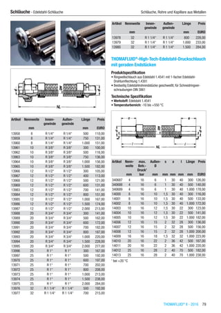 THOMAFLUID®
II - 2016  79
Schläuche - Edelstahl-Schläuche	 Schläuche, Rohre und Kapillare aus Metallen
Artikel Nennweite Innen-
gewinde
Außen-
gewinde
Länge Preis
​ mm ​ ​ mm EURO
13958 8 R 1/4“ R 1/4“ 500 110,00
13959 8 R 1/4“ R 1/4“ 750 131,00
13960 8 R 1/4“ R 1/4“ 1.000 151,00
13961 10 R 3/8“ R 3/8“ 300 100,00
13962 10 R 3/8“ R 3/8“ 500 116,00
13963 10 R 3/8“ R 3/8“ 750 136,00
13964 10 R 3/8“ R 3/8“ 1.000 156,00
13965 10 R 3/8“ R 3/8“ 1.500 182,00
13966 12 R 1/2“ R 1/2“ 300 105,00
13967 12 R 1/2“ R 1/2“ 400 113,00
13968 12 R 1/2“ R 1/2“ 500 121,00
13969 12 R 1/2“ R 1/2“ 600 131,00
13983 12 R 1/2“ R 1/2“ 700 141,00
13984 12 R 1/2“ R 1/2“ 800 151,00
13985 12 R 1/2“ R 1/2“ 1.000 167,00
13986 12 R 1/2“ R 1/2“ 1.500 174,00
13987 12 R 1/2“ R 1/2“ 2.000 213,00
13988 20 R 3/4“ R 3/4“ 300 141,00
13989 20 R 3/4“ R 3/4“ 500 162,00
13990 20 R 3/4“ R 3/4“ 600 172,00
13991 20 R 3/4“ R 3/4“ 700 182,00
13992 20 R 3/4“ R 3/4“ 800 187,00
13993 20 R 3/4“ R 3/4“ 1.000 220,00
13994 20 R 3/4“ R 3/4“ 1.500 228,00
13995 20 R 3/4“ R 3/4“ 2.000 277,00
13996 25 R 1“ R 1“ 300 167,00
13997 25 R 1“ R 1“ 500 192,00
13970 25 R 1“ R 1“ 600 197,00
13971 25 R 1“ R 1“ 700 202,00
13972 25 R 1“ R 1“ 800 208,00
13973 25 R 1“ R 1“ 1.000 213,00
13974 25 R 1“ R 1“ 1.500 238,00
13975 25 R 1“ R 1“ 2.000 284,00
13976 32 R 1 1/4“ R 1 1/4“ 500 192,00
13977 32 R 1 1/4“ R 1 1/4“ 700 215,00
Artikel Nennweite Innen-
gewinde
Außen-
gewinde
Länge Preis
​ mm ​ ​ mm EURO
13978 32 R 1 1/4“ R 1 1/4“ 800 228,00
13979 32 R 1 1/4“ R 1 1/4“ 1.000 233,00
13980 32 R 1 1/4“ R 1 1/4“ 1.500 284,00
THOMAFLUID®
-High-Tech-Edelstahl-Druckschlauch
mit geraden Endstücken
Produktspezifikation
•	Ringwellschlauch aus Edelstahl 1.4541 mit 1-facher Edelstahl-
Drahtumflechtung 1.4301
•	Beidseitig Edelstahlrohrendstücke geschweißt, für Schneidringver-
schraubungen DIN 3861
Technische Spezifikation
•	Werkstoff: Edelstahl 1.4541
•	Temperaturbereich: -10 bis +550 °C​​
Artikel Nenn-
weite
max.
Betr.-
Druck1
Außen-
Ø
s a l Länge Preis
​ mm bar mm mm mm mm mm EURO
340687 4 16 6 1 30 40 300 126,00
340688 4 16 6 1 30 40 500 140,00
340689 4 16 6 1 30 40 1.000 178,00
14000 8 16 10 1,5 30 40 300 116,00
14001 8 16 10 1,5 30 40 500 133,00
14002 8 16 10 1,5 30 40 1.000 172,00
14003 10 16 12 1,5 30 22 300 123,00
14004 10 16 12 1,5 30 22 500 141,00
14005 10 16 12 1,5 30 22 1.000 182,00
14006 12 16 15 2 32 28 300 136,00
14007 12 16 15 2 32 28 500 156,00
14008 12 16 15 2 32 28 1.000 200,00
14009 16 16 18 1,5 32 32 1.000 223,00
14010 20 16 22 2 36 42 500 167,00
14011 20 16 22 2 36 42 1.000 220,00
14012 25 16 28 2 40 70 500 182,00
14013 25 16 28 2 40 70 1.000 238,00
1
bei +20 °C
 