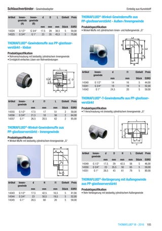 Schlauchverbinder - Gewindeadapter	 Einteilig aus Kunststoff
THOMAFLUID®
III - 2016  105
Artikel Innen-
gewinde
(A)
Innen-
gewinde
(B)
d D L Einheit Preis
​ ​ ​ mm mm mm Stück EURO
14324 G 1/2“ G 3/4“ 17,5 29 38,5 5 59,00
14325 G 3/4“ G 1“ 23 35 45,5 5 75,00
THOMAFLUID®
-Gewindemuffe aus PP-glasfaser-
verstärkt - lösbar
Produktspezifikation
•	Rohrverschraubung mit beidseitig zylindrischem Innengewinde
•	Ermöglicht einfaches Lösen von Rohrverbindungen​​
Artikel Innen-
gewinde
d l1 L Einheit Preis
​ ​ mm mm mm Stück EURO
14355 G 1/2“ 17,5 17 51 2 59,00
14356 G 3/4“ 21,5 18 56 2 64,00
14357 G 1“ 26,5 20,5 62 2 85,00
THOMAFLUID®
-Winkel-Gewindemuffe aus
PP-glasfaserverstärkt - Innengewinde
Produktspezifikation
•	Winkel-Muffe mit beidseitig zylindrischem Innengewinde „G“​​
Artikel Innen-
gewinde
d H l1 Einheit Preis
​ ​ mm mm mm Stück EURO
14343 G 1/2“ 17,5 42,5 16,5 5 41,00
14344 G 3/4“ 23 50,5 19,5 5 52,00
14345 G 1“ 28,5 60 20 5 59,00
THOMAFLUID®
-Winkel-Gewindemuffe aus
PP-glasfaserverstärkt - Außen-/Innengewinde
Produktspezifikation
•	Winkel-Muffe mit zylindrischem Innen- und Außengewinde „G“​​
Artikel Innen-
gewinde
d l1 Einheit Preis
​ ​ mm mm Stück EURO
14340 G 1/2“ 14 16 5 44,00
14341 G 3/4“ 19 19 5 52,00
14342 G 1“ 24,5 20 5 59,00
THOMAFLUID®
-T-Gewindemuffe aus PP-glasfaser-
verstärkt
Produktspezifikation
•	T-Verschraubung mit dreiseitig zylindrischem Innengewinde „G“​​
Artikel Innen-
gewinde
d D H L Einheit Preis
​ ​ mm mm mm mm Stück EURO
14349 G 1/2“ 17,5 29 42,5 56 5 46,00
14350 G 3/4“ 23 35,5 50 65 5 59,00
14351 G 1“ 28,5 43 61 79 5 80,00
THOMAFLUID®
-Verlängerung mit Außengewinde
aus PP-glasfaserverstärkt
Produktspezifikation
•	Rohr-Verlängerung mit beidseitig zylindrischem Außengewinde​​
 