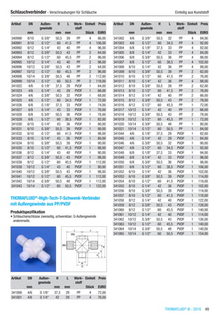 THOMAFLUID®
III - 2016  49
Schlauchverbinder - Verschraubungen für Schläuche	 Einteilig aus Kunststoff
Artikel DN Außen-
gewinde
H L Werk-
stoff
Einheit Preis
​ mm ​ mm mm ​ Stück EURO
340990 8/10 G 3/8“ 50,5 39 PP 4 86,00
340991 8/10 G 1/2“ 60 41,5 PP 4 106,00
340992 8/12 G 1/4“ 43 40 PP 4 96,00
340993 8/12 G 3/8“ 50,5 43 PP 2 64,00
340994 8/12 G 1/2“ 60 45,5 PP 2 96,00
340995 10/12 G 1/4“ 43 40 PP 2 96,00
340996 10/12 G 3/8“ 50,5 43 PP 2 64,00
340997 10/12 G 1/2“ 60 45,5 PP 2 96,00
340998 10/14 G 3/8“ 50,5 48 PP 2 112,00
340999 10/14 G 1/2“ 60 50,5 PP 2 118,00
341022 4/6 G 1/8“ 37,5 29 PVDF 1 64,00
341023 4/6 G 1/4“ 43 29 PVDF 1 66,00
341024 4/6 G 3/8“ 50,5 32 PVDF 1 68,00
341025 4/6 G 1/2“ 60 34,5 PVDF 1 72,00
341026 6/8 G 1/8“ 37,5 33 PVDF 1 74,00
341027 6/8 G 1/4“ 43 33 PVDF 1 76,00
341028 6/8 G 3/8“ 50,5 36 PVDF 1 78,00
341029 6/8 G 1/2“ 60 38,5 PVDF 1 82,00
341030 6/10 G 1/4“ 43 36 PVDF 1 80,00
341031 6/10 G 3/8“ 50,5 39 PVDF 1 90,00
341032 6/10 G 1/2“ 60 41,5 PVDF 1 98,00
341033 8/10 G 1/4“ 43 36 PVDF 1 80,00
341034 8/10 G 3/8“ 50,5 39 PVDF 1 90,00
341035 8/10 G 1/2“ 60 41,5 PVDF 1 98,00
341036 8/12 G 1/4“ 43 40 PVDF 1 90,00
341037 8/12 G 3/8“ 50,5 43 PVDF 1 98,00
341038 8/12 G 1/2“ 60 45,5 PVDF 1 112,00
341039 10/12 G 1/4“ 43 40 PVDF 1 90,00
341040 10/12 G 3/8“ 50,5 43 PVDF 1 98,00
341041 10/12 G 1/2“ 60 45,5 PVDF 1 112,00
341042 10/14 G 3/8“ 50,5 48 PVDF 1 112,00
341043 10/14 G 1/2“ 60 50,5 PVDF 1 122,00
THOMAFLUID®
-High-Tech-T-Schwenk-Verbinder
mit Außengewinde aus PP/PVDF
Produktspezifikation
•	Schlauchanschlüsse zweiseitig, schwenkbar; G-Außengewinde
andererseits​​
Artikel DN Außen-
gewinde
H L Werk-
stoff
Einheit Preis
​ mm ​ mm mm ​ Stück EURO
341000 4/6 G 1/8“ 37,5 29 PP 4 72,00
341001 4/6 G 1/4“ 42 29 PP 4 76,00
Artikel DN Außen-
gewinde
H L Werk-
stoff
Einheit Preis
​ mm ​ mm mm ​ Stück EURO
341002 4/6 G 3/8“ 50,5 32 PP 4 84,00
341003 4/6 G 1/2“ 60 34,5 PP 4 92,00
341004 6/8 G 1/8“ 37,5 33 PP 4 82,00
341005 6/8 G 1/4“ 42 33 PP 4 84,00
341006 6/8 G 3/8“ 50,5 36 PP 4 88,00
341007 6/8 G 1/2“ 60 38,5 PP 4 102,00
341008 6/10 G 1/4“ 42 36 PP 4 88,00
341009 6/10 G 3/8“ 50,5 39 PP 2 62,00
341010 6/10 G 1/2“ 60 41,5 PP 2 76,00
341011 8/10 G 1/4“ 42 36 PP 4 88,00
341012 8/10 G 3/8“ 50,5 39 PP 2 62,00
341013 8/10 G 1/2“ 60 41,5 PP 2 76,00
341014 8/12 G 1/4“ 42 40 PP 2 66,00
341015 8/12 G 3/8“ 50,5 43 PP 2 78,00
341016 8/12 G 1/2“ 60 45,5 PP 1 72,00
341017 10/12 G 1/4“ 42 40 PP 2 66,00
341018 10/12 G 3/8“ 50,5 43 PP 2 78,00
341019 10/12 G 1/2“ 60 45,5 PP 1 72,00
341020 10/14 G 3/8“ 50,5 48 PP 1 80,00
341021 10/14 G 1/2“ 60 50,5 PP 1 84,00
341044 4/6 G 1/8“ 37,5 29 PVDF 1 82,00
341045 4/6 G 1/4“ 42 29 PVDF 1 84,00
341046 4/6 G 3/8“ 50,5 32 PVDF 1 90,00
341047 4/6 G 1/2“ 60 34,5 PVDF 1 92,00
341048 6/8 G 1/8“ 37,5 33 PVDF 1 94,00
341049 6/8 G 1/4“ 42 33 PVDF 1 96,00
341050 6/8 G 3/8“ 50,5 36 PVDF 1 98,00
341051 6/8 G 1/2“ 60 38,5 PVDF 1 106,00
341052 6/10 G 1/4“ 42 36 PVDF 1 102,00
341053 6/10 G 3/8“ 50,5 39 PVDF 1 114,00
341054 6/10 G 1/2“ 60 41,5 PVDF 1 118,00
341055 8/10 G 1/4“ 42 36 PVDF 1 102,00
341056 8/10 G 3/8“ 50,5 39 PVDF 1 114,00
341057 8/10 G 1/2“ 60 41,5 PVDF 1 118,00
341058 8/12 G 1/4“ 42 40 PVDF 1 122,00
341059 8/12 G 3/8“ 50,5 43 PVDF 1 128,00
341060 8/12 G 1/2“ 60 45,5 PVDF 1 140,00
341061 10/12 G 1/4“ 42 40 PVDF 1 114,00
341062 10/12 G 3/8“ 50,5 43 PVDF 1 126,00
341063 10/12 G 1/2“ 60 45,5 PVDF 1 140,00
341064 10/14 G 3/8“ 50,5 48 PVDF 1 140,00
341065 10/14 G 1/2“ 60 50,5 PVDF 1 154,00
 