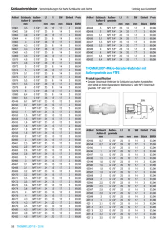 58  THOMAFLUID®
III - 2016
Schlauchverbinder - Verschraubungen für harte Schläuche und Rohre	 Einteilig aus Kunststoff
Artikel Schlauch
Außen-Ø
Außen-
gewinde
L1 l1 SW Einheit Preis
​ mm ​ mm mm mm Stück EURO
10961 3,5 G 1/4“ 26 12 17 3 69,00
10962 3,6 G 1/8“ 25 8 14 3 69,00
10963 3,6 G 1/4“ 26 12 17 3 69,00
10964 4 G 1/8“ 25 8 14 3 69,00
10965 4 G 1/4“ 26 12 17 3 69,00
10966 4,3 G 1/8“ 25 8 14 3 69,00
10967 4,3 G 1/4“ 26 12 17 3 69,00
10968 4,5 G 1/8“ 25 8 14 3 69,00
10969 4,5 G 1/4“ 26 12 17 3 69,00
10970 4,8 G 1/8“ 25 8 14 3 69,00
10971 4,8 G 1/4“ 26 12 17 3 69,00
10972 5 G 1/8“ 25 8 14 3 69,00
10973 5 G 1/4“ 26 12 17 3 69,00
10974 5,1 G 1/8“ 25 8 14 3 69,00
10975 5,1 G 1/4“ 26 12 17 3 69,00
10976 5,5 G 1/8“ 25 8 14 3 69,00
10977 5,5 G 1/4“ 26 12 17 3 69,00
10978 6 G 1/8“ 25 8 14 3 69,00
10979 6 G 1/4“ 26 12 17 3 69,00
10980 6,4 G 1/8“ 25 8 14 3 69,00
10981 6,4 G 1/4“ 26 12 17 3 69,00
42449 0,7 NPT 1/8“ 23 10 12 3 69,00
42450 0,7 NPT 1/4“ 24 15 17 3 69,00
42451 1 NPT 1/8“ 23 10 12 3 69,00
42452 1 NPT 1/4“ 24 15 17 3 69,00
42453 1,5 NPT 1/8“ 23 10 12 3 69,00
42454 1,5 NPT 1/4“ 24 15 17 3 69,00
42455 1,6 NPT 1/8“ 23 10 12 3 69,00
42456 1,6 NPT 1/4“ 24 15 17 3 69,00
42457 1,8 NPT 1/8“ 23 10 12 3 69,00
42458 1,8 NPT 1/4“ 24 15 17 3 69,00
42459 2 NPT 1/8“ 23 10 12 3 69,00
42460 2 NPT 1/4“ 24 15 17 3 69,00
42461 2,5 NPT 1/8“ 23 10 12 3 69,00
42462 2,5 NPT 1/4“ 24 15 17 3 69,00
42463 2,8 NPT 1/8“ 23 10 12 3 69,00
42464 2,8 NPT 1/4“ 24 15 17 3 69,00
42465 3 NPT 1/8“ 23 10 12 3 69,00
42466 3 NPT 1/4“ 24 15 17 3 69,00
42467 3,1 NPT 1/8“ 23 10 12 3 69,00
42468 3,1 NPT 1/4“ 24 15 17 3 69,00
42469 3,2 NPT 1/8“ 23 10 12 3 69,00
42470 3,2 NPT 1/4“ 24 15 17 3 69,00
42471 3,5 NPT 1/8“ 23 10 12 3 69,00
42472 3,5 NPT 1/4“ 24 15 17 3 69,00
42473 3,6 NPT 1/8“ 23 10 12 3 69,00
42474 3,6 NPT 1/4“ 24 15 17 3 69,00
42475 4 NPT 1/8“ 23 10 12 3 69,00
42476 4 NPT 1/4“ 24 15 17 3 69,00
42477 4,3 NPT 1/8“ 23 10 12 3 69,00
42478 4,3 NPT 1/4“ 24 20 17 3 69,00
42479 4,5 NPT 1/8“ 23 10 12 3 69,00
42480 4,5 NPT 1/4“ 24 20 17 3 69,00
42481 4,8 NPT 1/8“ 23 10 12 3 69,00
42482 4,8 NPT 1/4“ 24 20 17 3 69,00
Artikel Schlauch
Außen-Ø
Außen-
gewinde
L1 l1 SW Einheit Preis
​ mm ​ mm mm mm Stück EURO
42483 5 NPT 1/8“ 23 10 12 3 69,00
42484 5 NPT 1/4“ 24 20 17 3 69,00
42485 5,1 NPT 1/8“ 23 10 12 3 69,00
42486 5,1 NPT 1/4“ 24 20 17 3 69,00
42487 5,5 NPT 1/8“ 23 10 12 3 69,00
42488 5,5 NPT 1/4“ 24 20 17 3 69,00
42489 6 NPT 1/8“ 23 10 12 3 69,00
42490 6 NPT 1/4“ 24 20 17 3 69,00
42491 6,4 NPT 1/8“ 23 10 12 3 69,00
42492 6,4 NPT 1/4“ 24 20 17 3 69,00
THOMAFLUID®
-Mikro-Gerader-Verbinder mit
Außengewinde aus PTFE
Produktspezifikation
•	Gerader Einschraub-Verbinder für Schläuche aus harten Kunststoffen
oder Metall an festen Apparaturen.Wahlweise G- oder NPT-Einschraub-
gewinde, 1/8“ oder 1/4“.​​
Artikel Schlauch
Außen-Ø
Außen-
gewinde
L1 l1 SW Einheit Preis
​ mm ​ mm mm mm Stück EURO
42493 0,7 G 1/8“ 25 8 14 3 93,00
42494 0,7 G 1/4“ 26 12 17 3 93,00
42495 1 G 1/8“ 25 8 14 3 93,00
42496 1 G 1/4“ 26 12 17 3 93,00
42497 1,5 G 1/8“ 25 8 14 3 93,00
42498 1,5 G 1/4“ 26 12 17 3 93,00
42499 1,6 G 1/8“ 25 8 14 3 93,00
42500 1,6 G 1/4“ 26 12 17 3 93,00
42501 1,8 G 1/8“ 25 8 14 3 93,00
42502 1,8 G 1/4“ 26 12 17 3 93,00
42503 2 G 1/8“ 25 8 14 3 93,00
42504 2 G 1/4“ 26 12 17 3 93,00
42505 2,5 G 1/8“ 25 8 14 3 93,00
42506 2,5 G 1/4“ 26 12 17 3 93,00
42507 2,8 G 1/8“ 25 8 14 3 93,00
42508 2,8 G 1/4“ 26 12 17 3 93,00
42509 3 G 1/8“ 25 8 14 3 93,00
42510 3 G 1/4“ 26 12 17 3 93,00
42511 3,1 G 1/8“ 25 8 14 3 93,00
42512 3,1 G 1/4“ 26 12 17 3 93,00
42513 3,2 G 1/8“ 25 8 14 3 93,00
42514 3,2 G 1/4“ 26 12 17 3 93,00
42515 3,5 G 1/8“ 25 8 14 3 93,00
 