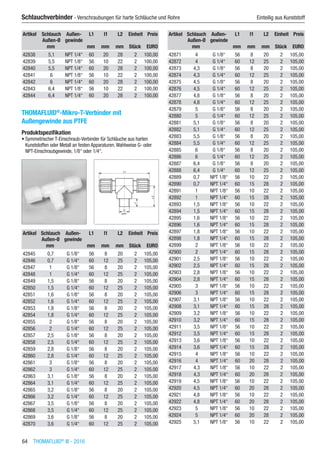 64  THOMAFLUID®
III - 2016
Schlauchverbinder - Verschraubungen für harte Schläuche und Rohre	 Einteilig aus Kunststoff
Artikel Schlauch
Außen-Ø
Außen-
gewinde
L1 l1 L2 Einheit Preis
​ mm ​ mm mm mm Stück EURO
42838 5,1 NPT 1/4“ 60 20 28 2 100,00
42839 5,5 NPT 1/8“ 56 10 22 2 100,00
42840 5,5 NPT 1/4“ 60 20 28 2 100,00
42841 6 NPT 1/8“ 56 10 22 2 100,00
42842 6 NPT 1/4“ 60 20 28 2 100,00
42843 6,4 NPT 1/8“ 56 10 22 2 100,00
42844 6,4 NPT 1/4“ 60 20 28 2 100,00
THOMAFLUID®
-Mikro-T-Verbinder mit
Außengewinde aus PTFE
Produktspezifikation
•	Symmetrischer T-Einschraub-Verbinder für Schläuche aus harten
Kunststoffen oder Metall an festen Apparaturen.Wahlweise G- oder
NPT-Einschraubgewinde, 1/8“ oder 1/4“.​​
Artikel Schlauch
Außen-Ø
Außen-
gewinde
L1 l1 L2 Einheit Preis
​ mm ​ mm mm mm Stück EURO
42845 0,7 G 1/8“ 56 8 20 2 105,00
42846 0,7 G 1/4“ 60 12 25 2 105,00
42847 1 G 1/8“ 56 8 20 2 105,00
42848 1 G 1/4“ 60 12 25 2 105,00
42849 1,5 G 1/8“ 56 8 20 2 105,00
42850 1,5 G 1/4“ 60 12 25 2 105,00
42851 1,6 G 1/8“ 56 8 20 2 105,00
42852 1,6 G 1/4“ 60 12 25 2 105,00
42853 1,8 G 1/8“ 56 8 20 2 105,00
42854 1,8 G 1/4“ 60 12 25 2 105,00
42855 2 G 1/8“ 56 8 20 2 105,00
42856 2 G 1/4“ 60 12 25 2 105,00
42857 2,5 G 1/8“ 56 8 20 2 105,00
42858 2,5 G 1/4“ 60 12 25 2 105,00
42859 2,8 G 1/8“ 56 8 20 2 105,00
42860 2,8 G 1/4“ 60 12 25 2 105,00
42861 3 G 1/8“ 56 8 20 2 105,00
42862 3 G 1/4“ 60 12 25 2 105,00
42863 3,1 G 1/8“ 56 8 20 2 105,00
42864 3,1 G 1/4“ 60 12 25 2 105,00
42865 3,2 G 1/8“ 56 8 20 2 105,00
42866 3,2 G 1/4“ 60 12 25 2 105,00
42867 3,5 G 1/8“ 56 8 20 2 105,00
42868 3,5 G 1/4“ 60 12 25 2 105,00
42869 3,6 G 1/8“ 56 8 20 2 105,00
42870 3,6 G 1/4“ 60 12 25 2 105,00
Artikel Schlauch
Außen-Ø
Außen-
gewinde
L1 l1 L2 Einheit Preis
​ mm ​ mm mm mm Stück EURO
42871 4 G 1/8“ 56 8 20 2 105,00
42872 4 G 1/4“ 60 12 25 2 105,00
42873 4,3 G 1/8“ 56 8 20 2 105,00
42874 4,3 G 1/4“ 60 12 25 2 105,00
42875 4,5 G 1/8“ 56 8 20 2 105,00
42876 4,5 G 1/4“ 60 12 25 2 105,00
42877 4,8 G 1/8“ 56 8 20 2 105,00
42878 4,8 G 1/4“ 60 12 25 2 105,00
42879 5 G 1/8“ 56 8 20 2 105,00
42880 5 G 1/4“ 60 12 25 2 105,00
42881 5,1 G 1/8“ 56 8 20 2 105,00
42882 5,1 G 1/4“ 60 12 25 2 105,00
42883 5,5 G 1/8“ 56 8 20 2 105,00
42884 5,5 G 1/4“ 60 12 25 2 105,00
42885 6 G 1/8“ 56 8 20 2 105,00
42886 6 G 1/4“ 60 12 25 2 105,00
42887 6,4 G 1/8“ 56 8 20 2 105,00
42888 6,4 G 1/4“ 60 12 25 2 105,00
42889 0,7 NPT 1/8“ 56 10 22 2 105,00
42890 0,7 NPT 1/4“ 60 15 28 2 105,00
42891 1 NPT 1/8“ 56 10 22 2 105,00
42892 1 NPT 1/4“ 60 15 28 2 105,00
42893 1,5 NPT 1/8“ 56 10 22 2 105,00
42894 1,5 NPT 1/4“ 60 15 28 2 105,00
42895 1,6 NPT 1/8“ 56 10 22 2 105,00
42896 1,6 NPT 1/4“ 60 15 28 2 105,00
42897 1,8 NPT 1/8“ 56 10 22 2 105,00
42898 1,8 NPT 1/4“ 60 15 28 2 105,00
42899 2 NPT 1/8“ 56 10 22 2 105,00
42900 2 NPT 1/4“ 60 15 28 2 105,00
42901 2,5 NPT 1/8“ 56 10 22 2 105,00
42902 2,5 NPT 1/4“ 60 15 28 2 105,00
42903 2,8 NPT 1/8“ 56 10 22 2 105,00
42904 2,8 NPT 1/4“ 60 15 28 2 105,00
42905 3 NPT 1/8“ 56 10 22 2 105,00
42906 3 NPT 1/4“ 60 15 28 2 105,00
42907 3,1 NPT 1/8“ 56 10 22 2 105,00
42908 3,1 NPT 1/4“ 60 15 28 2 105,00
42909 3,2 NPT 1/8“ 56 10 22 2 105,00
42910 3,2 NPT 1/4“ 60 15 28 2 105,00
42911 3,5 NPT 1/8“ 56 10 22 2 105,00
42912 3,5 NPT 1/4“ 60 15 28 2 105,00
42913 3,6 NPT 1/8“ 56 10 22 2 105,00
42914 3,6 NPT 1/4“ 60 15 28 2 105,00
42915 4 NPT 1/8“ 56 10 22 2 105,00
42916 4 NPT 1/4“ 60 20 28 2 105,00
42917 4,3 NPT 1/8“ 56 10 22 2 105,00
42918 4,3 NPT 1/4“ 60 20 28 2 105,00
42919 4,5 NPT 1/8“ 56 10 22 2 105,00
42920 4,5 NPT 1/4“ 60 20 28 2 105,00
42921 4,8 NPT 1/8“ 56 10 22 2 105,00
42922 4,8 NPT 1/4“ 60 20 28 2 105,00
42923 5 NPT 1/8“ 56 10 22 2 105,00
42924 5 NPT 1/4“ 60 20 28 2 105,00
42925 5,1 NPT 1/8“ 56 10 22 2 105,00
 