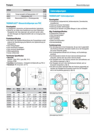 34  THOMAFLUID®
Pumpen 2015
Pumpen	 Wasserstrahlpumpen
Artikel Ausführung Preis
​ ​ EURO
40520 Pumpe komplett mit Reduzierstück 1/2“ 77,00
40847 Reduzierstück 3/8“ 13,00
40848 Reduzierstück M 22 x 1 (Perlatorgewinde) 13,00
THOMAPLAST®
-Wasserstrahlpumpe aus PVC
Einsatzgebiet
•	In biologischen, chemischen und pharmazeutischen Laboratorien
•	Überall da, wo mittels eines Hauptstromes aus einem Nebenstrom
Flüssigkeiten oder Gase abgezogen oder gemischt werden sollen,
z.B. beim Ansaugen von Regenerierstoffen oder zur Erzeugung eines
Vakuums.
Produktspezifikation
•	Eine Düse in der Hauptdurchflussrichtung des Pumpenkörpers erzielt
aufgrund der Beschleunigung des Mediums eine Injektorwirkung am
Ansaugstutzen.
•	Hohe Schlagzähigkeit
•	Gute mechanische Festigkeit
•	Gute chemische Beständigkeit
•	Witterungsbeständig
•	Schwer entflammbar
Technische Spezifikation
•	Werkstoff:
Gehäuse / Düse: PVC-U, grau (RAL 7011)
Dichtung: EPDM
•	Anschluss: Verschraubung + Einlegeteil mit Klebemuffe aus PVC-U
•	Nenndruck: PN 10 (H2
O bei +20 °C)​​
Artikel d Nenn-
weite
d1 G G1 L Preis
​ mm mm mm ​ ​ mm EURO
350990 16 10 16 G 3/4“ G 3/4“ 116 144,00
350991 20 15 16 G 1“ G 3/4“ 116 136,00
350992 25 20 16 G 1 1/4“ G 3/4“ 151 158,00
350993 32 25 32 G 1 1/2“ G 1 1/2“ 201 166,00
350994 40 32 40 G 2“ G 2“ 245 178,00
350995 50 40 50 G 2 1/4“ G 2 1/4“ 307 224,00
350996 63 50 63 G 2 3/4“ G 2 3/4“ 357 276,00
Zahnradpumpen
THOMAFLUID®
-Zahnradpumpen
Einsatzgebiet
•	Prozesstechnik, Isotopentechnik,Verfahrenstechnik, Chemietechnik,
Umwelttechnik
•	Förderung hochreiner Chemikalien
•	Förderung sensibler Gefahrengüter
•	Förderung von kleinsten und größten Mengen in Labor und Betrieb
Allg. Produktspezifikation
•	Pulsationsfreie Förderung
•	Hohe Dosiergenauigkeit
•	Selbstansaugend
•	Sehr zuverlässig
•	Äußerst servicefreundlich
•	Korrosionsbeständig
Funktionsprinzip
•	Die Zahnradpumpe ist eine Kreiselpumpe, die aus zwei in gegensätzli-
cher Richtung drehenden Zahnrädern besteht, die an der Ansaugseite
der Pumpe ineinander greifen.
•	Am Pumpengehäuse befindet sich ein Ansaug- und Druckleitungs-
anschluss.
•	Die Antriebswelle ist direkt mit einem Zahnrad (Antriebszahnrad)
verbunden, welches dann das andere Zahnrad antreibt.
•	Die Flüssigkeit wird in den Freiraum zwischen den Zahnradflanken und
dem Gehäuse eingesaugt (s.Abb. I)
•	Die Flüssigkeit, die sich in den Zahnfreiräumen befindet, wird zur
Druckseite transportiert (s.Abb. II)
•	Die Zähne der beiden Zahnräder füllen die Freiräume gegenseitig auf,
nachdem die Flüssigkeit die Druckseite erreicht hat. Die Flüssigkeit
wird in die Druckleitung gepumpt (s.Abb. III)
Zahnradprinzip Schritt 1 Zahnradprinzip Schritt 2
Zahnradprinzip Schritt 3 ​
 